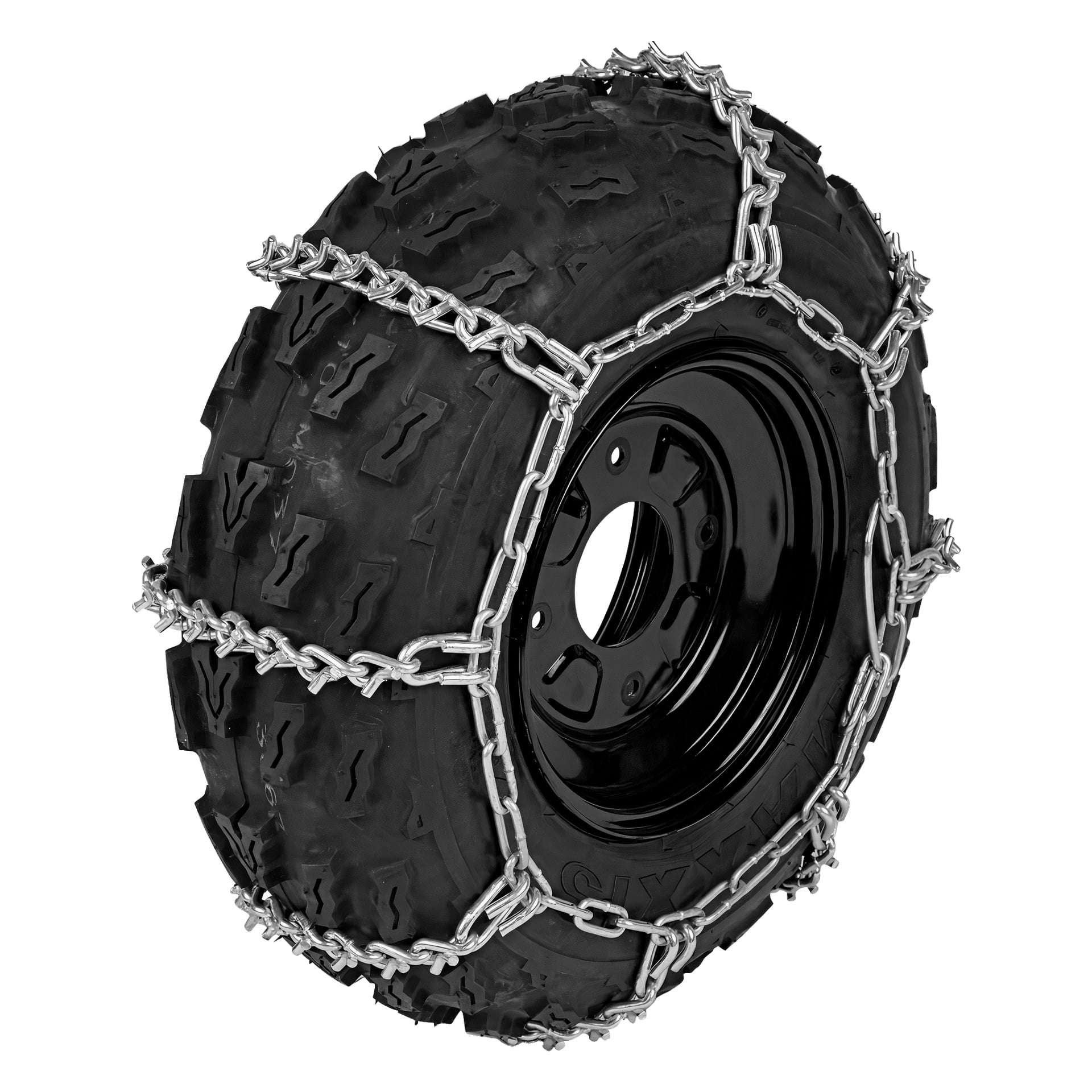 Ett stort svart terrängdäck med metallfälg är utrustat med Hamron ATV-snökedjor (set om 2), med silverkedjor i korsande design för att öka greppet på hal terräng.