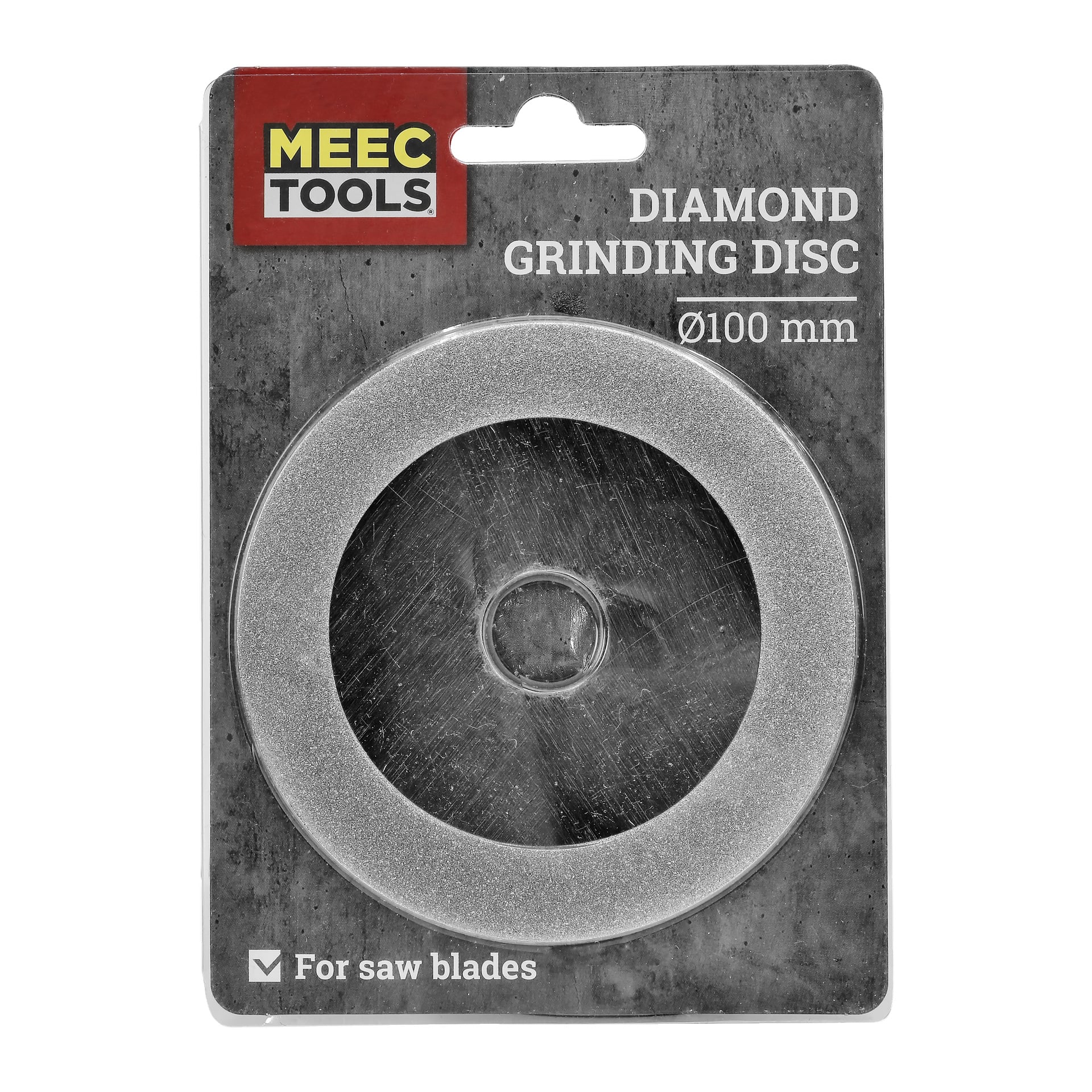 En diamantslipskiva från Meec Tools, med en diameter på 100 mm, visas i förpackningen. Den silverfärgade skivan placeras mot ett grått kort som visar produktinformation.