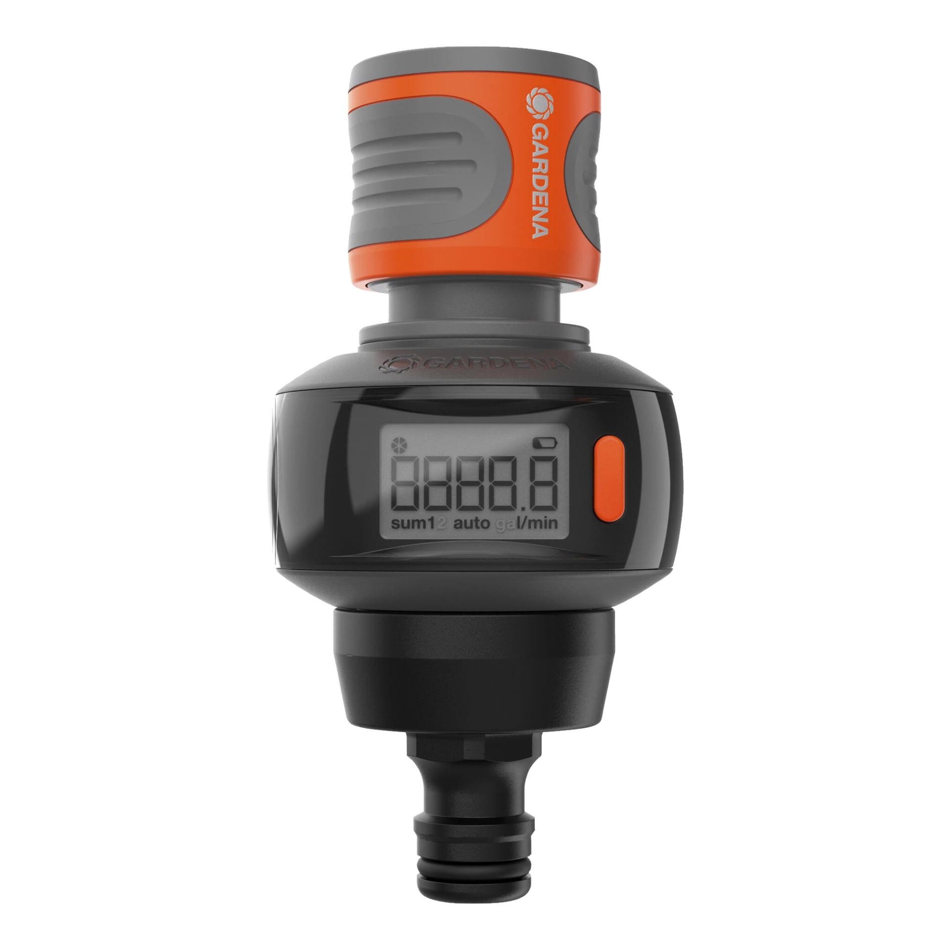 Gardena AquaCount är en digital trädgårdsvattentimer med svart och orange kropp, numerisk display och kontakter i båda ändar för att fästa slangar eller rör.