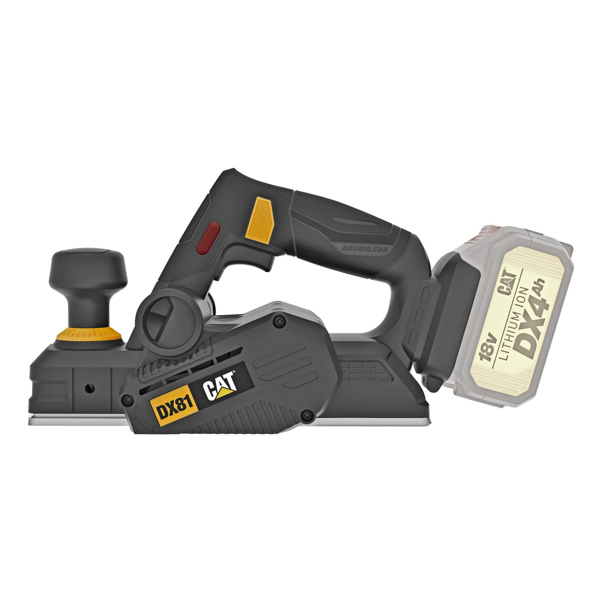 Caterpillar DX81B sladdlösa elektriska hyvel har en svart och gul färgschema, utrustad med sidohandtag, avtryckare och ett avtagbart 18V litiumjonbatteri monterat bak.