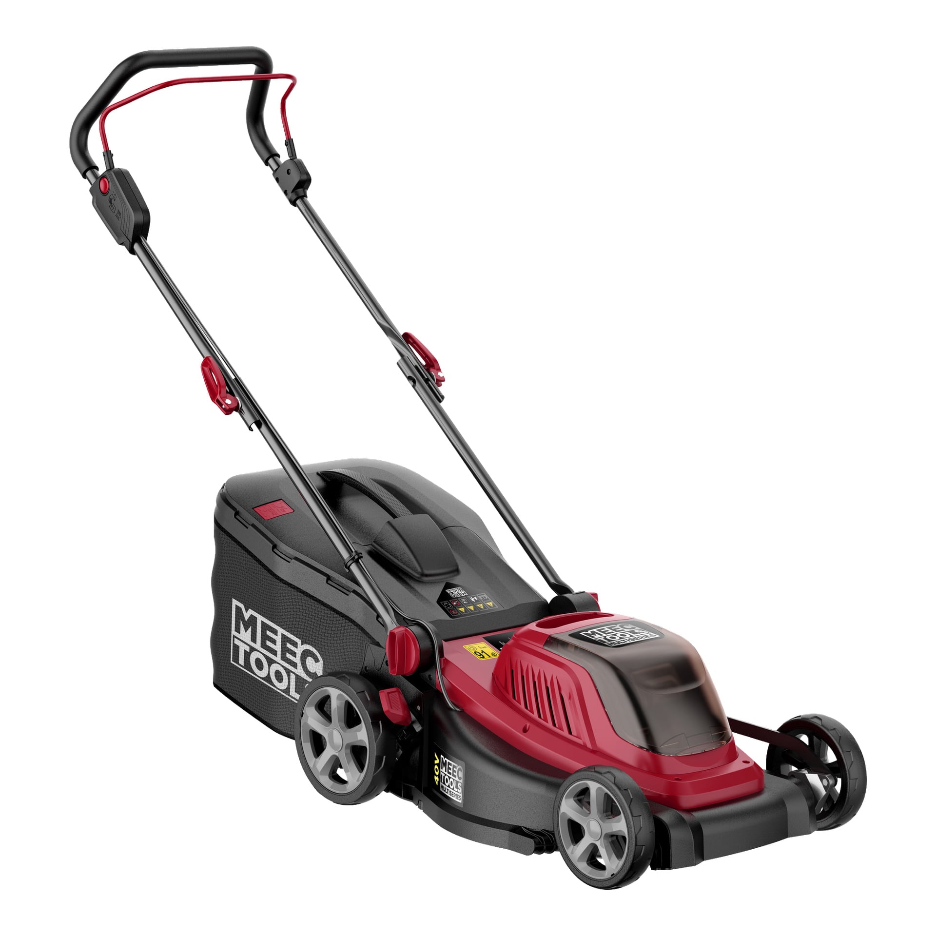En röd och svart Meec Tools Multiseries 40 V batteridriven gräsklippare med en bakre gräsuppsamlingspåse.