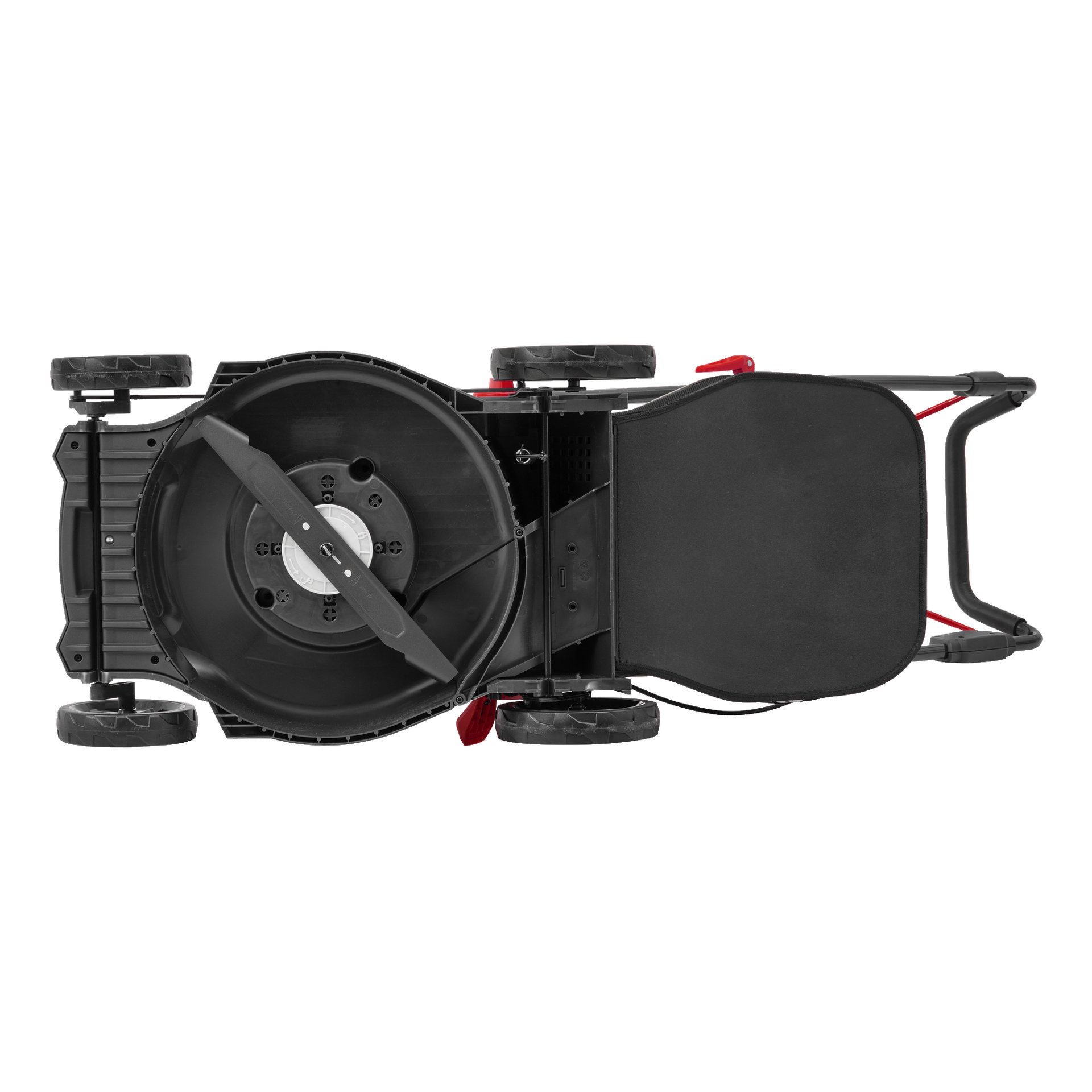 Undersidan av en Meec Tools Multiseries 40 V batteridriven gräsklippare visas, med dess stora metallblad, fyra hjul, svart plasthölje och en del av handtaget till höger.