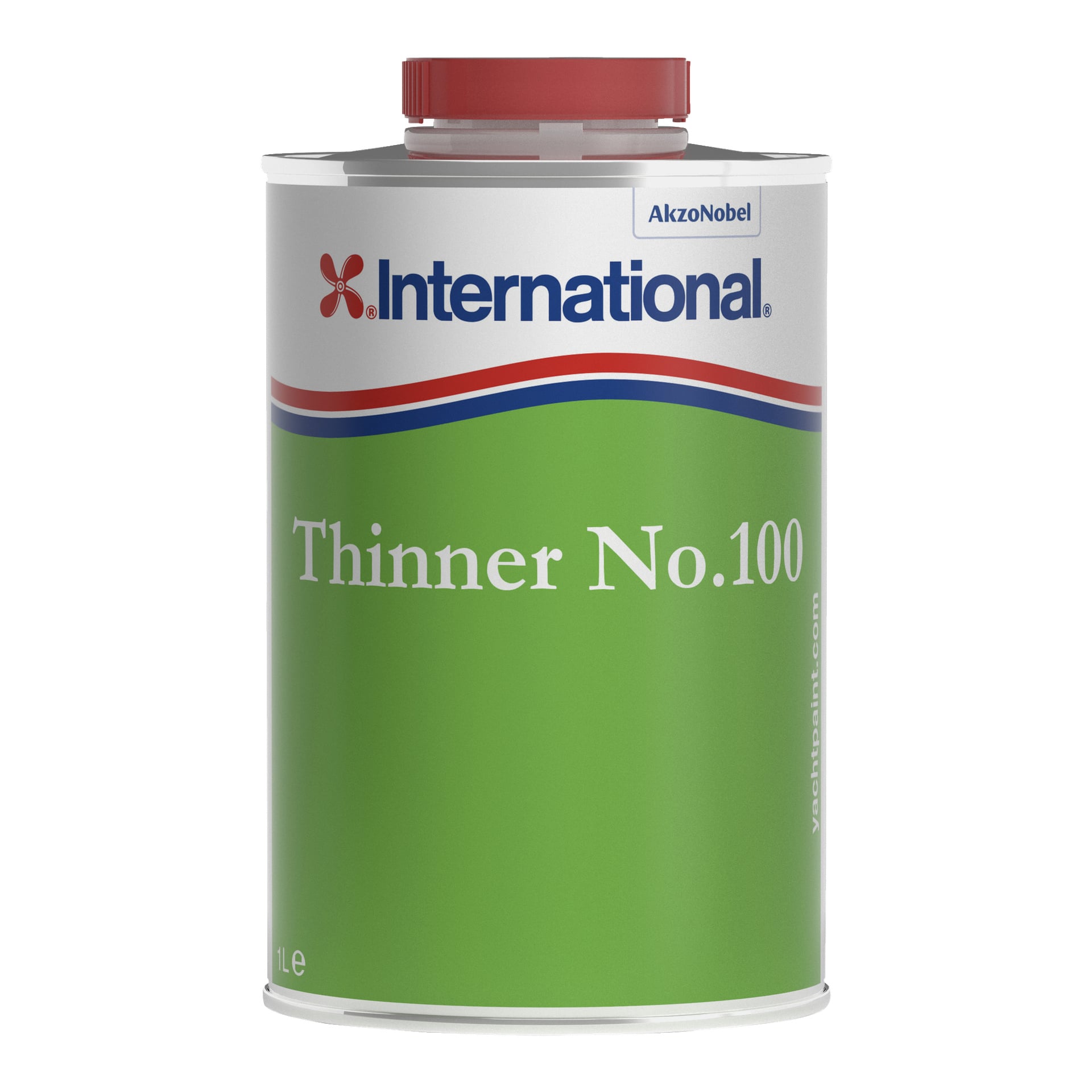 En 1-liters metallboks med International Thinner No. 100 fra AkzoNobel, vist med grønn etikett, hvit skrift og rød skruehette.