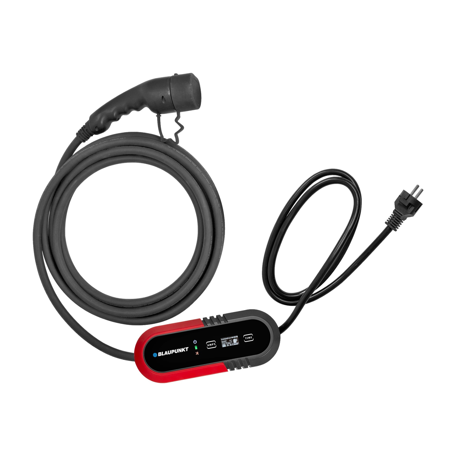 En Blaupunkt portabel elbilladdare Type 2 med en spiralad kabel har en standardkontakt i ena änden, en laddningskontakt i den andra och en central enhet med synliga indikatorlampor.