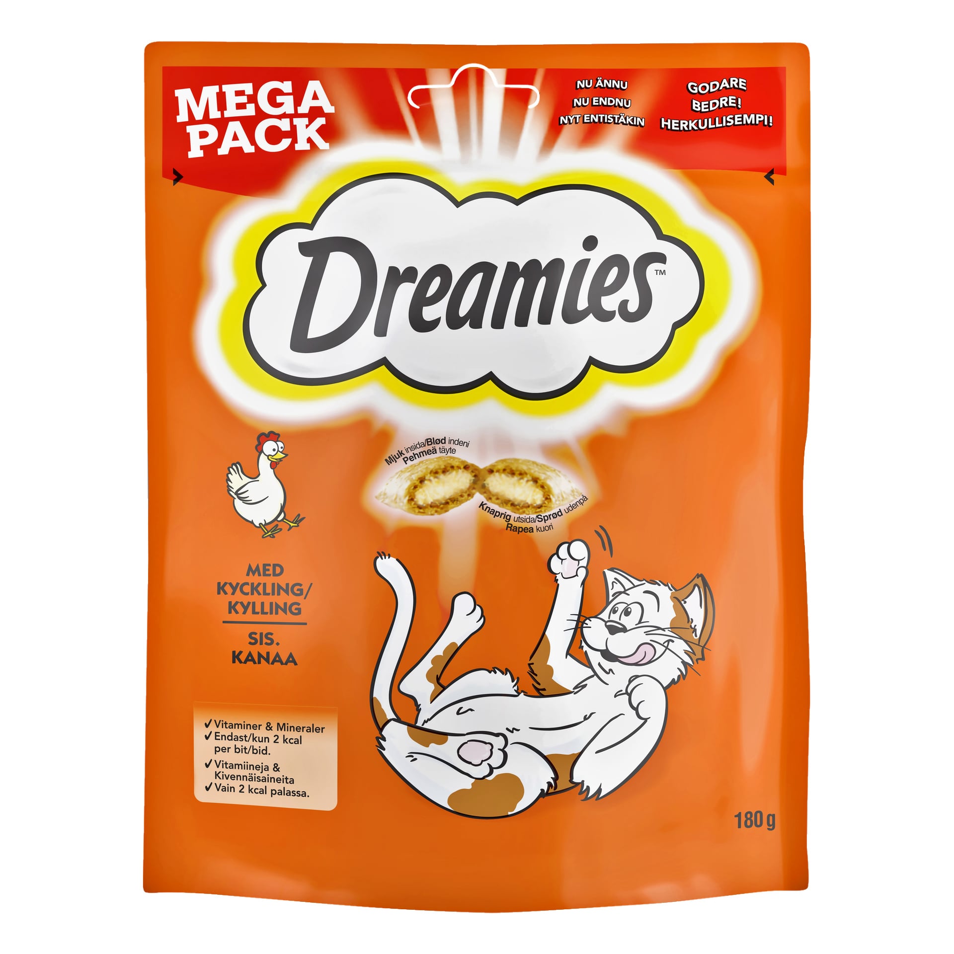 En orange 180-gallers påse Dreamies kattgodis med illustrationer av en tecknad katt och en höna. Förpackningen visar godsakerna, lyfter fram deras kycklingsmak, vitaminer och mineraler samt lågkaloriinnehåll.