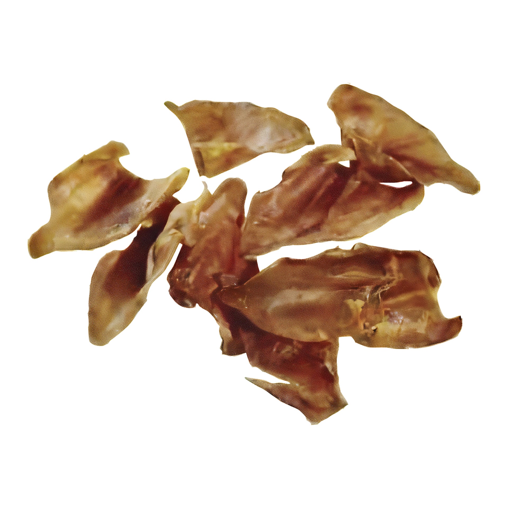 Flere tørkede, brune Småland Dog Treats er spredt ut i en spredt oppstilling.