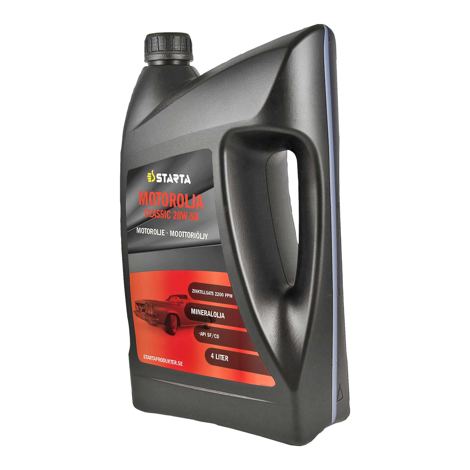 En svart 4-liters plastdunk med Starta Engine Oil Classic 20W-50 mineralmotorolja med handtag och skruvad lock. Etiketten är röd och svart, med produktdetaljer, Starta-loggan och en bild på en vintage röd bil.