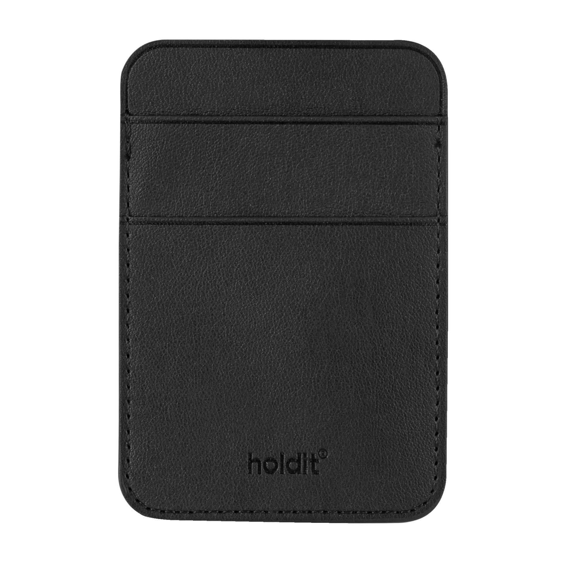 En svart läderkorthållare med rektangulär form, rundade kanter och två spår. "Holdit" är tryckt nära den nedre mitten av den släta, otexturerade ytan.