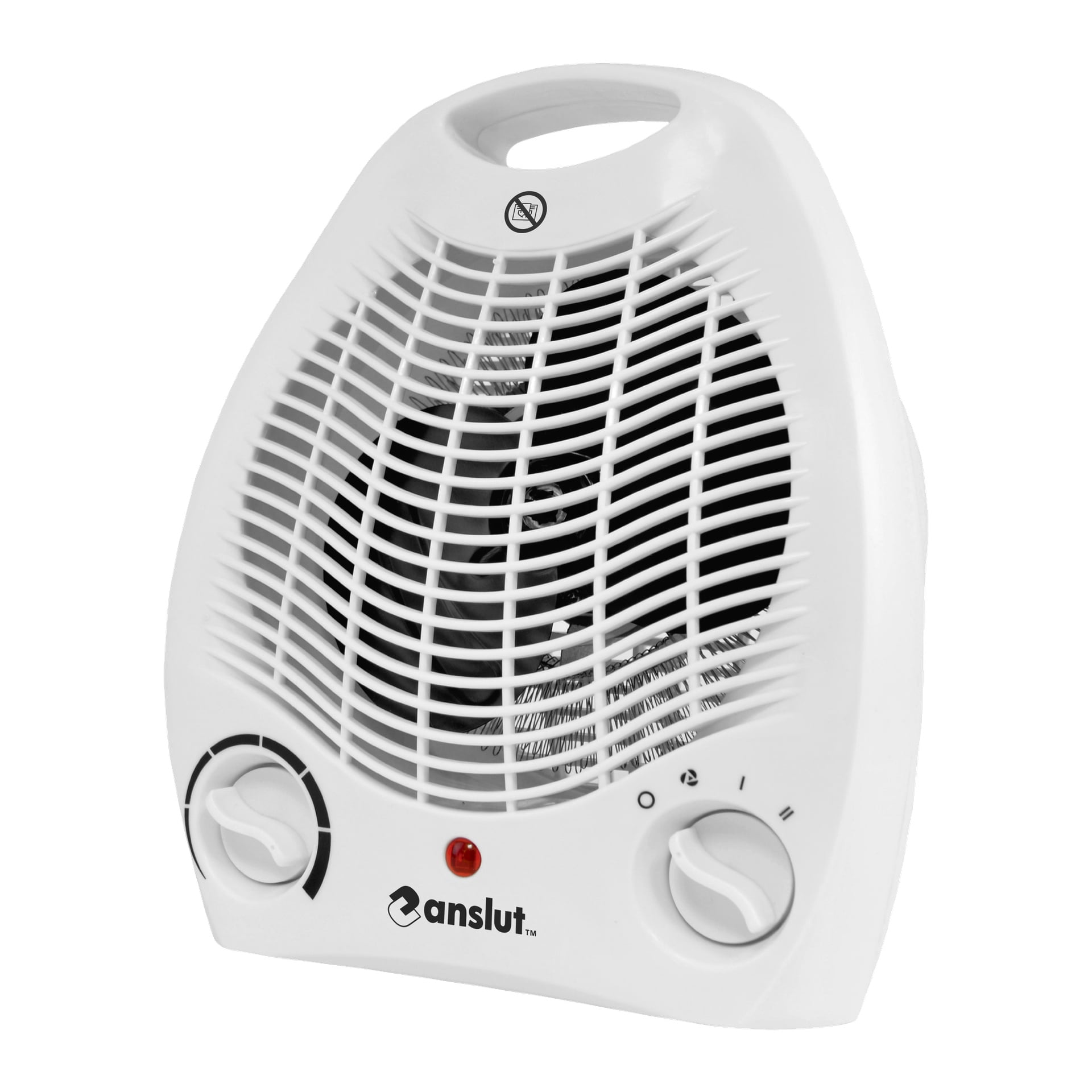 En vit portabel elektrisk värmare med handtag, främre ventilationsgaller, två kontrollrattar och en liten röd indikatorlampa. Varumärket Anslut finns på framsidan.