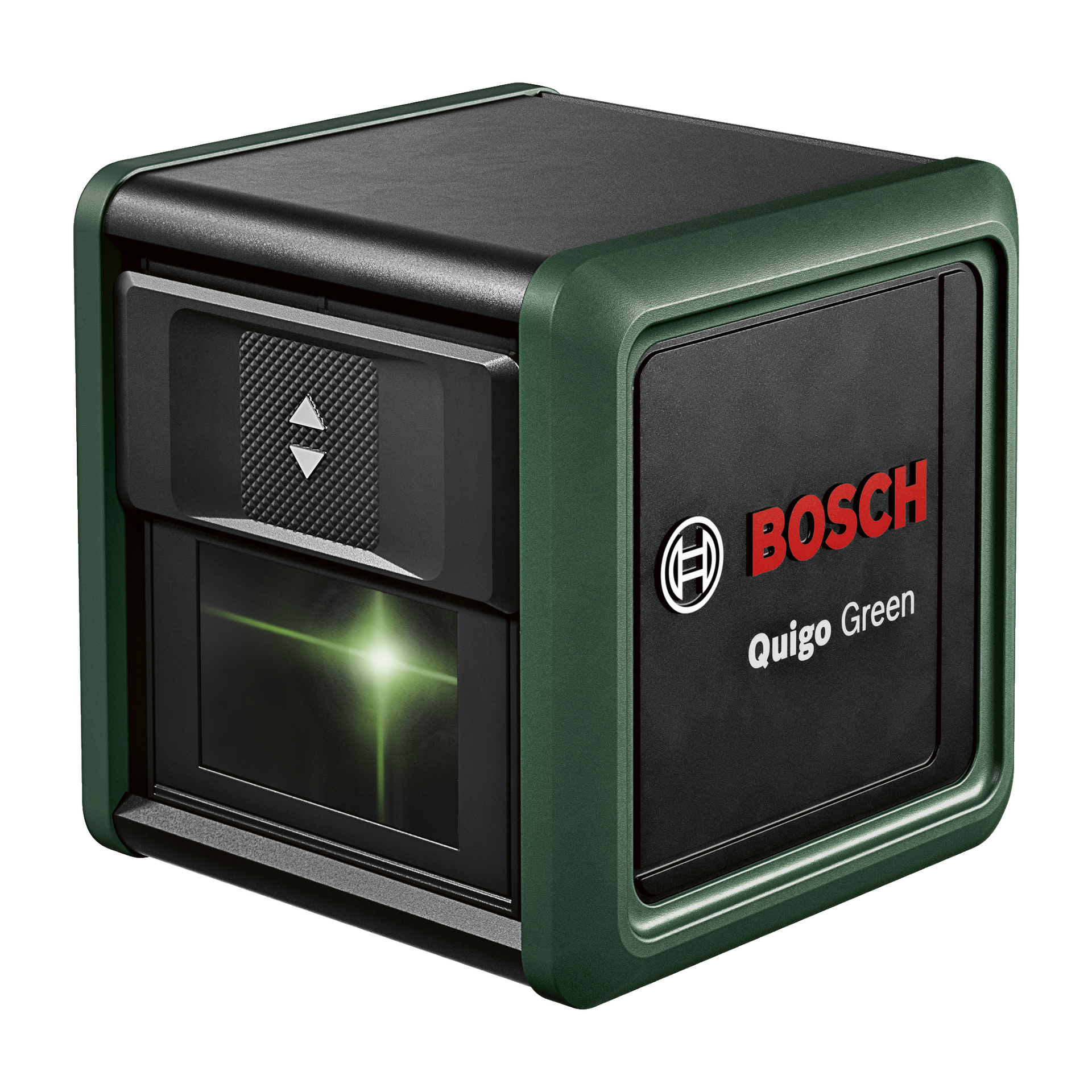 Et lite, kubeformet Bosch Quigo Green lasernivå i grønt og svart, med Bosch-logoen, et vindu som sender ut en lys grønn laserlinje, og "Quigo Green" skrevet på siden.