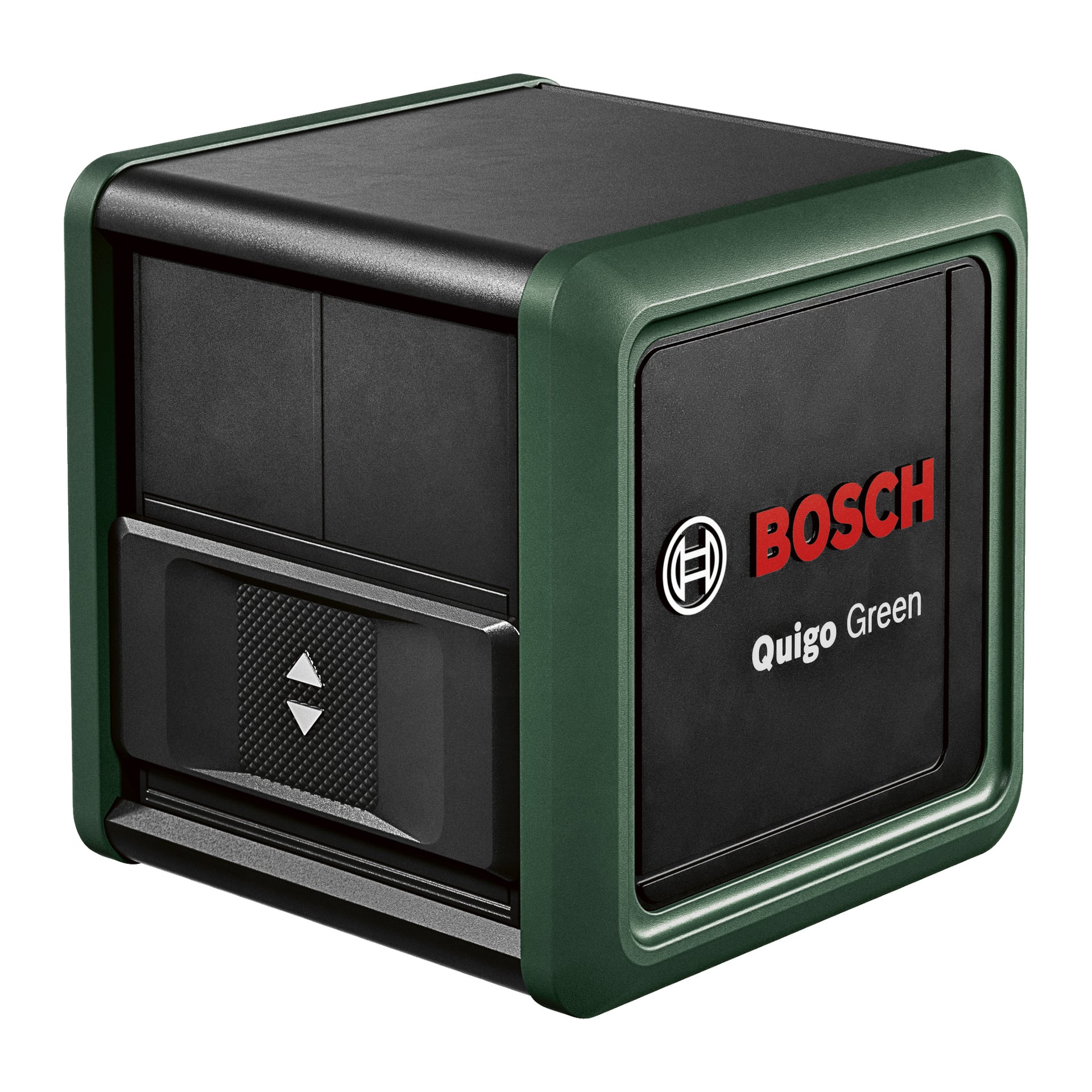 Et Bosch Quigo grønt laservater med svart og grønt ytre panel, med Bosch-logoen og produktnavnet i rødt og hvitt på siden.