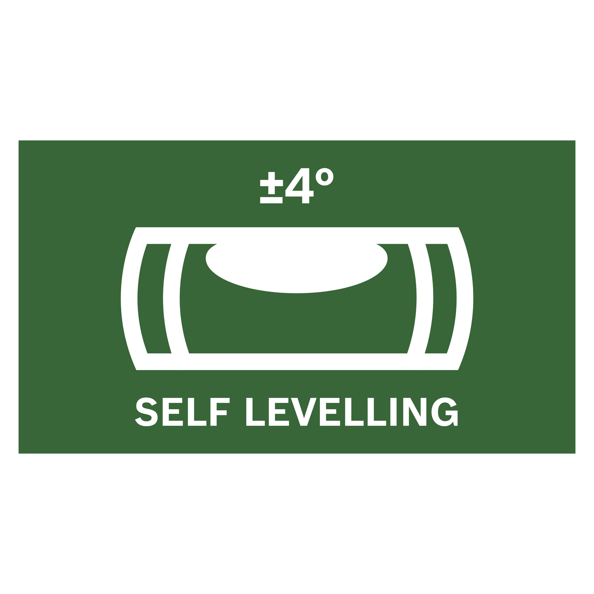Et hvitt boblenivå-ikon med ±4° over og ordene "SELF LEVELLING" under vises på grønn bakgrunn, og symboliserer Bosch Laser-nivået Quigo-grønt.