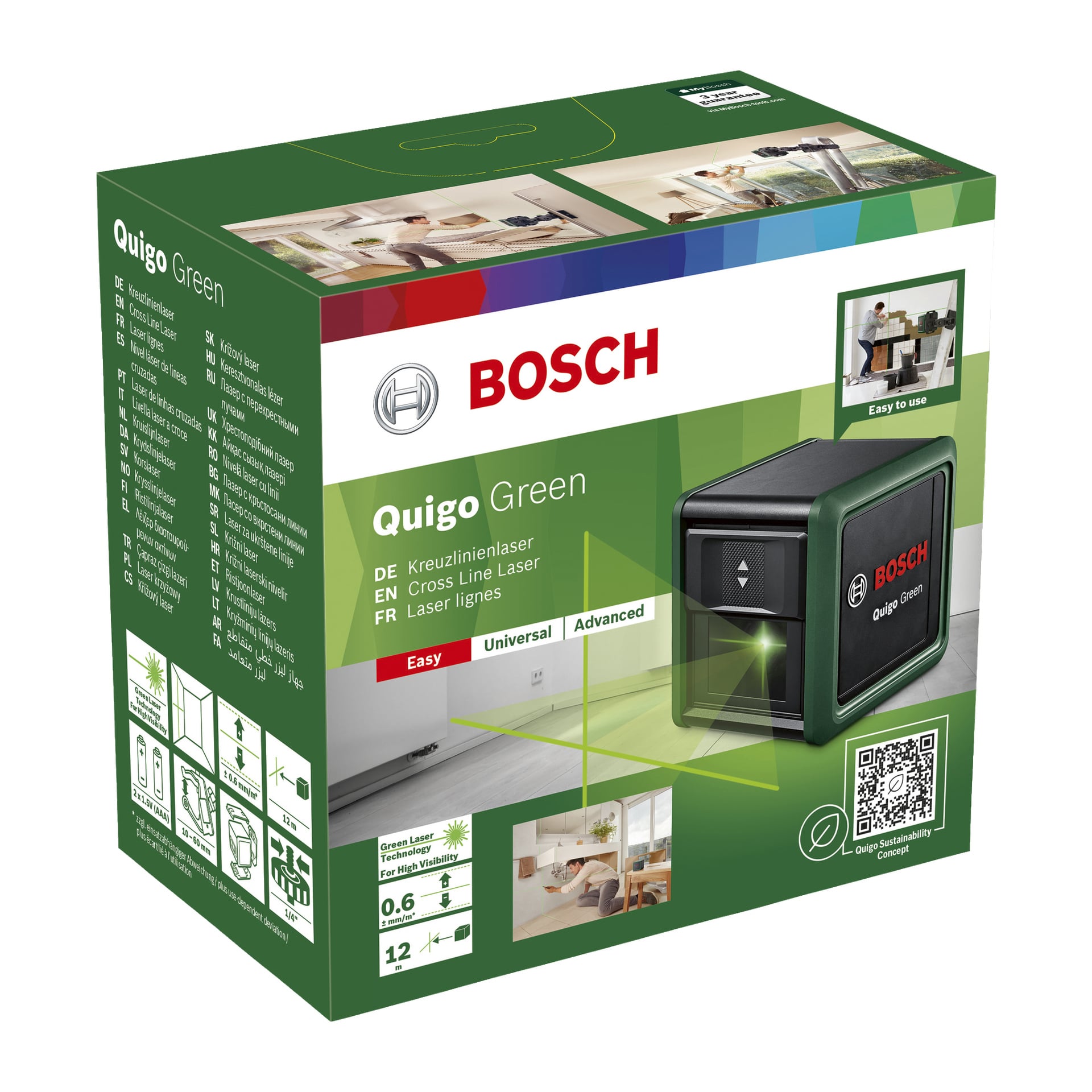 Bosch Laser Level Quigo Green-boksen viser produktbilder, ikoner som demonstrerer bruksområder, og fremhever funksjoner som enkel oppsett, allsidighet og avanserte funksjoner. Enheten projiserer grønne laserlinjer for nøyaktig justering.