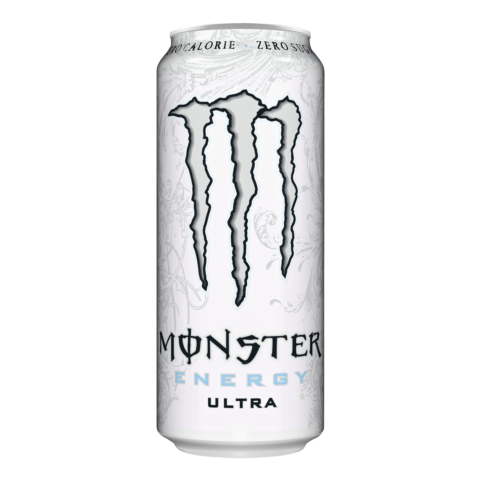 En 16 fl oz burk Monster Energy Ultra Zero Sugar med vit bakgrund, en framträdande silverfärgad M-logga, svart och ljusblå text och märkt med Zero Sugar och Zero Calorie högst upp.