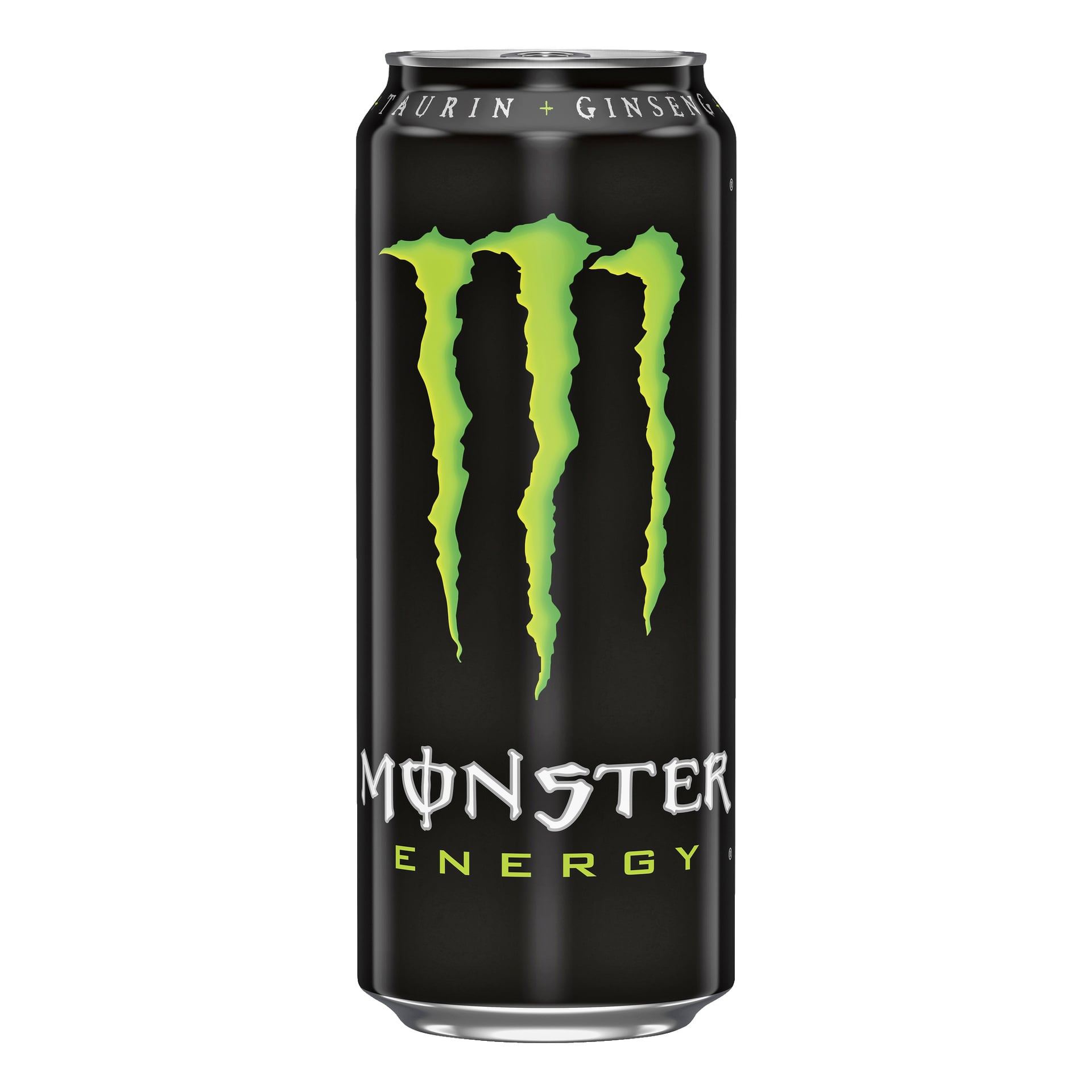 En hög svart Monster Energy-burk visar den karakteristiska stora gröna klomärkeslogotypen, med "Monster Energy" tydligt tryckt i vita och gröna bokstäver. Den övre delen av burken noterar att den innehåller taurin plus ginseng.