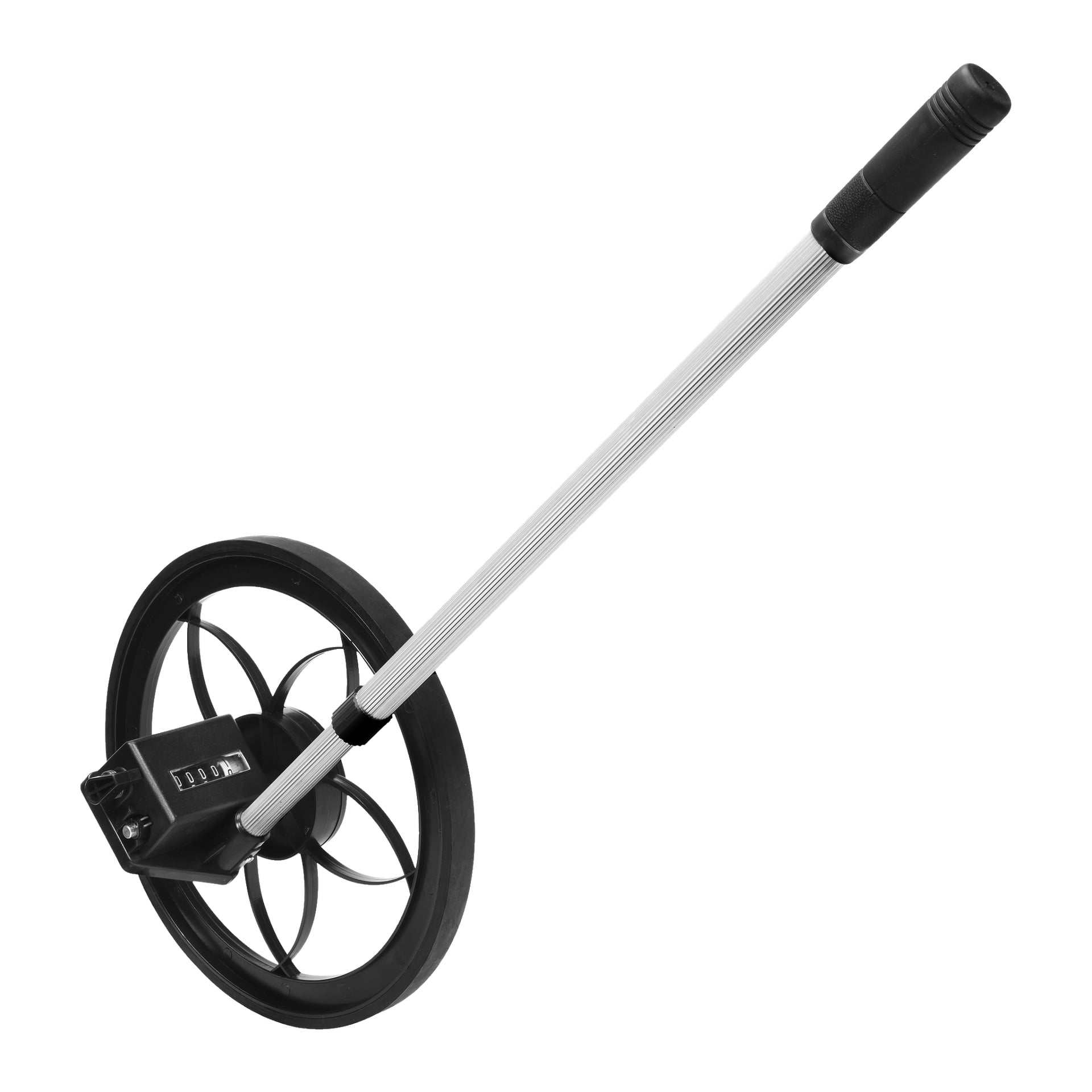 Närbild av Meec Tools Measurement-hjulet som visar dess silverram, stadiga svarta hjul och ergonomiska svarta gummihandtag som används för avståndsmätning.