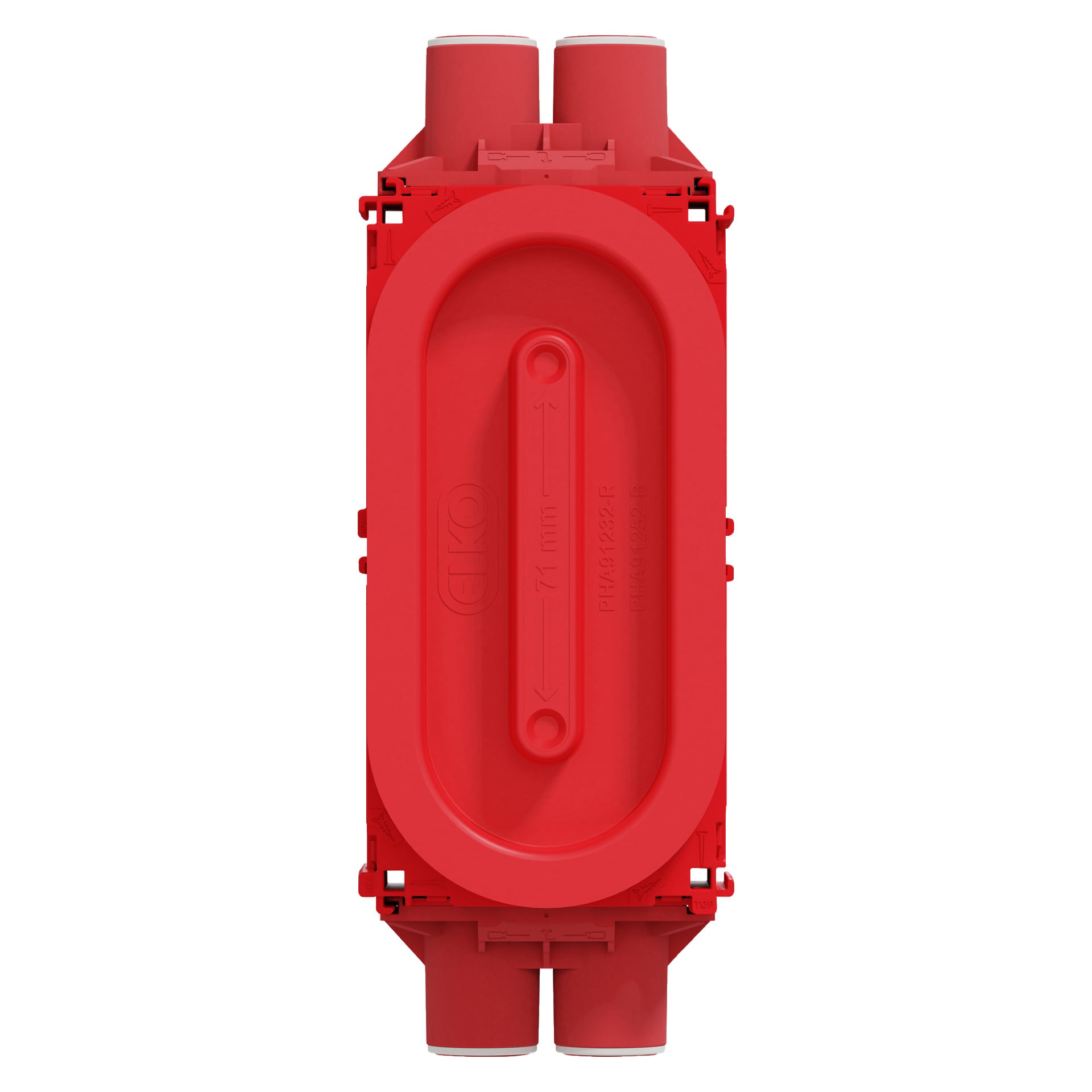 En röd ELKO Flexi+ plastkopplingsdosa med ovalt centralt lock, två runda öppningar upptill och ner, samt "ELKO" präglat på locket.