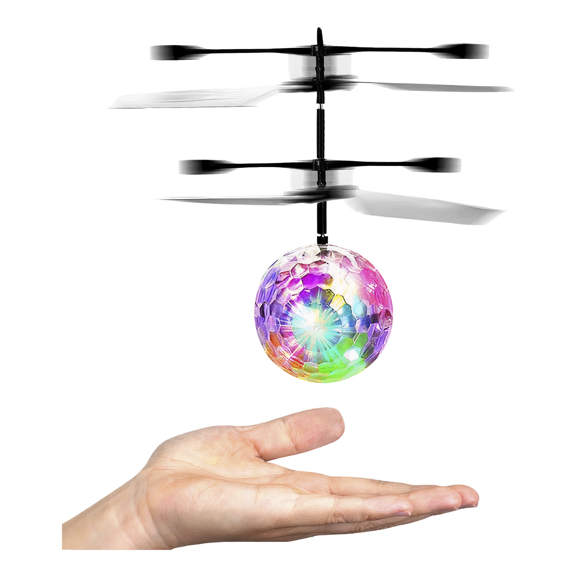 Gear4Play Flying Ball svever over en åpen hånd, propellene spinner mens ballen gløder med sterke, flerfargede lys.