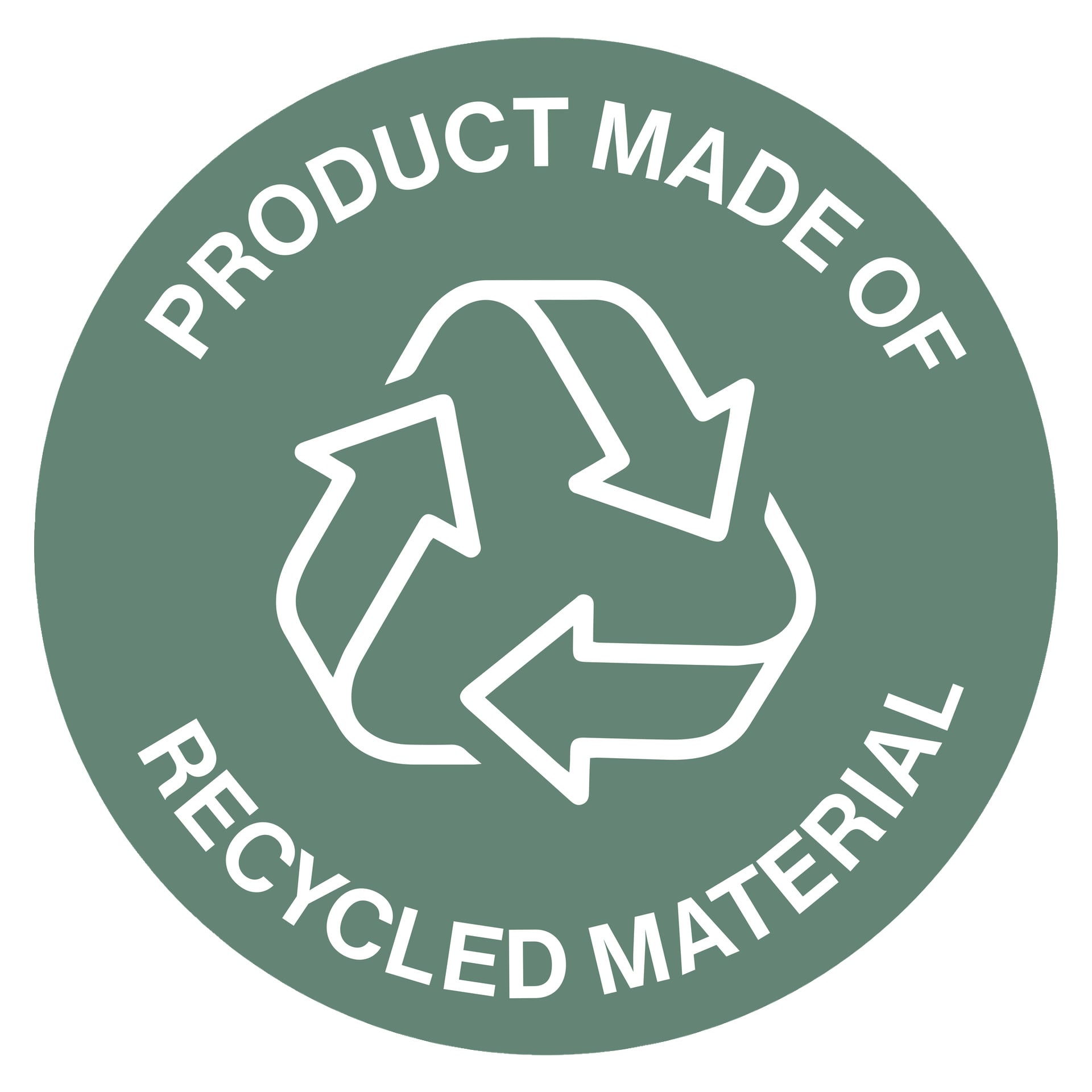 En grön cirkulär etikett med en vit återvinningssymbol i mitten. Runt kanten står texten: VATTENFÄLLA SMARTLOC FRÅN PREVEX – PRODUKT GJORD AV ÅTERVUNNET MATERIAL.
