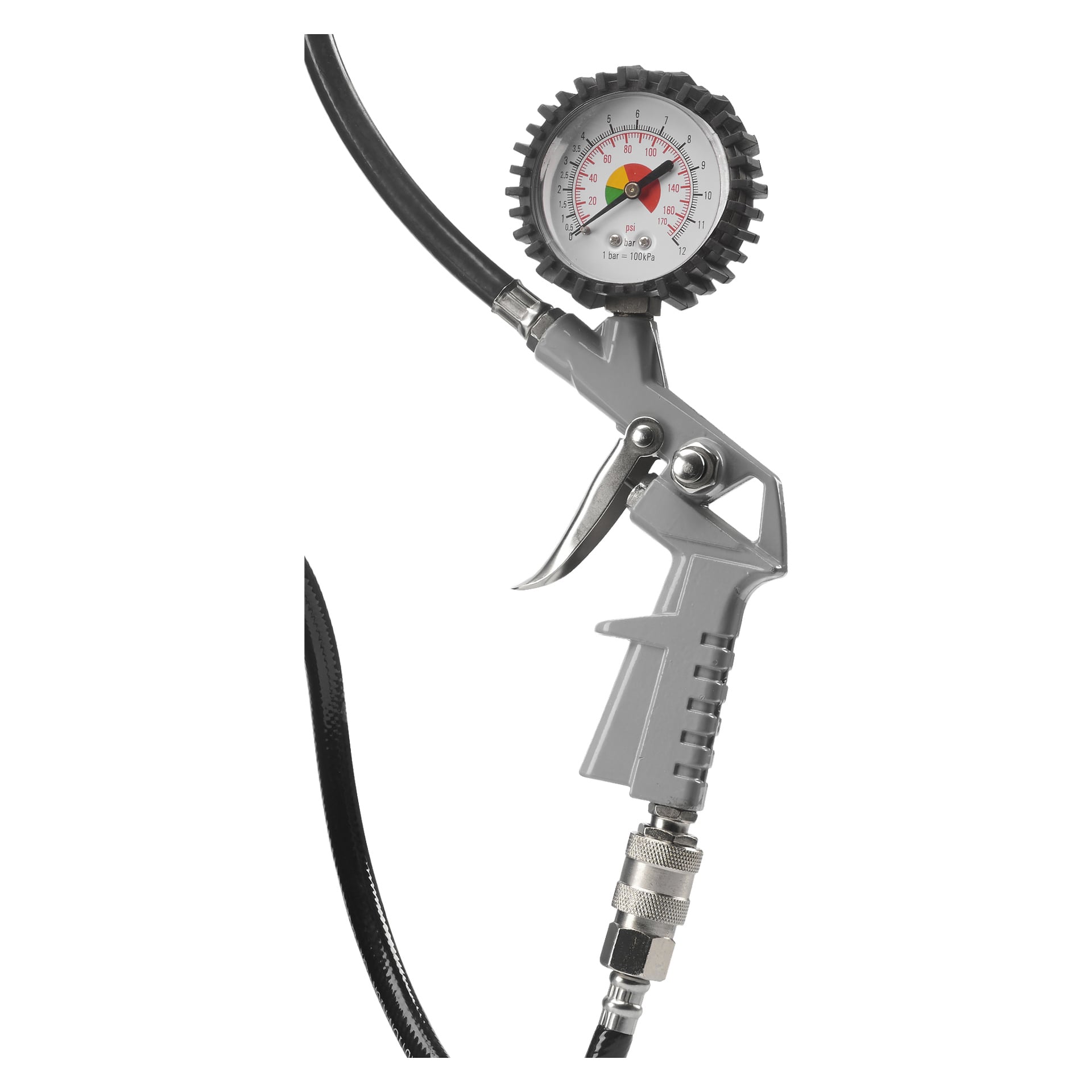 En handhållen lufttrycksmätare från Meec Tools med en mätare som visar mätningar i psi och stång, färgade band som markerar olika trycknivåer, en svart slang, hållbar metallavtryckare och ett halkfritt handtag med texturering för enkel användning.