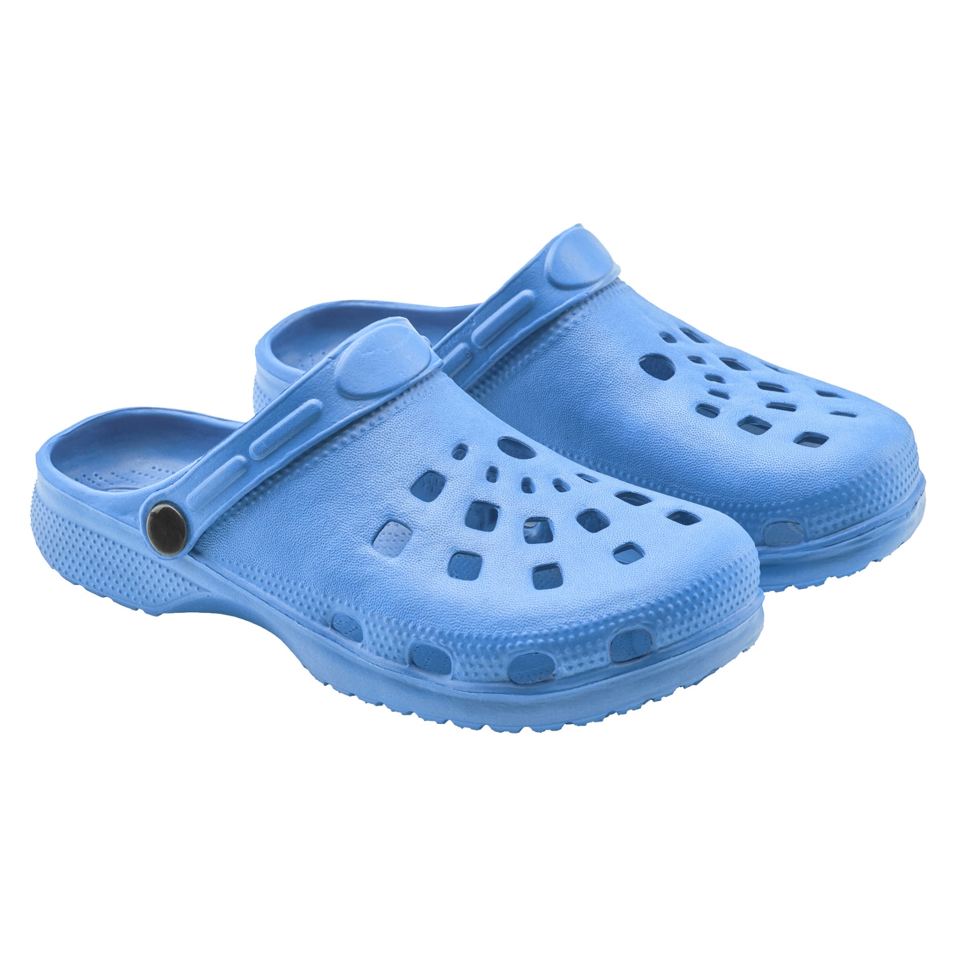 Ett par blå Kayoba Outdoor Slippers för barn gjorda av gummi, med ventilationshål upptill och justerbara hälar, placerade sida vid sida.