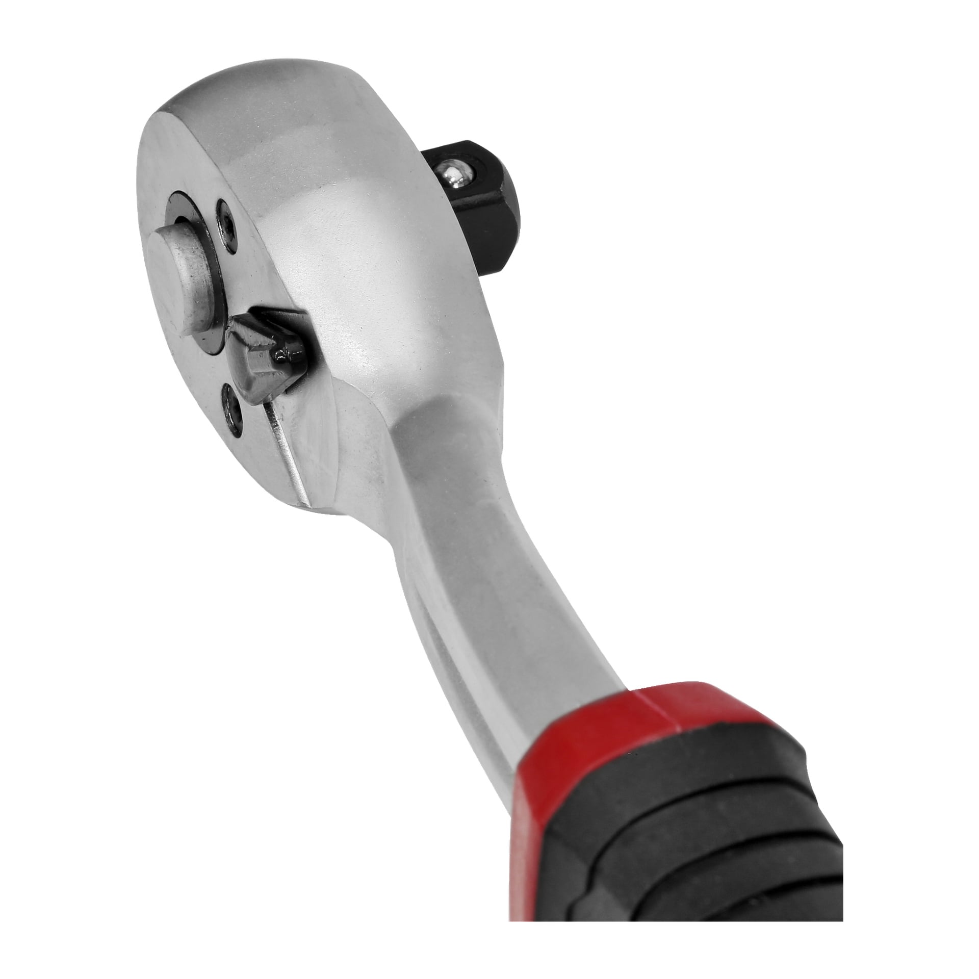 En närbild av Meec Tools 12-delade hylsnyckelset fokuserar på det metalliska huvudet och riktningsbrytaren, vilket framhäver dess svarta och röda handtag.