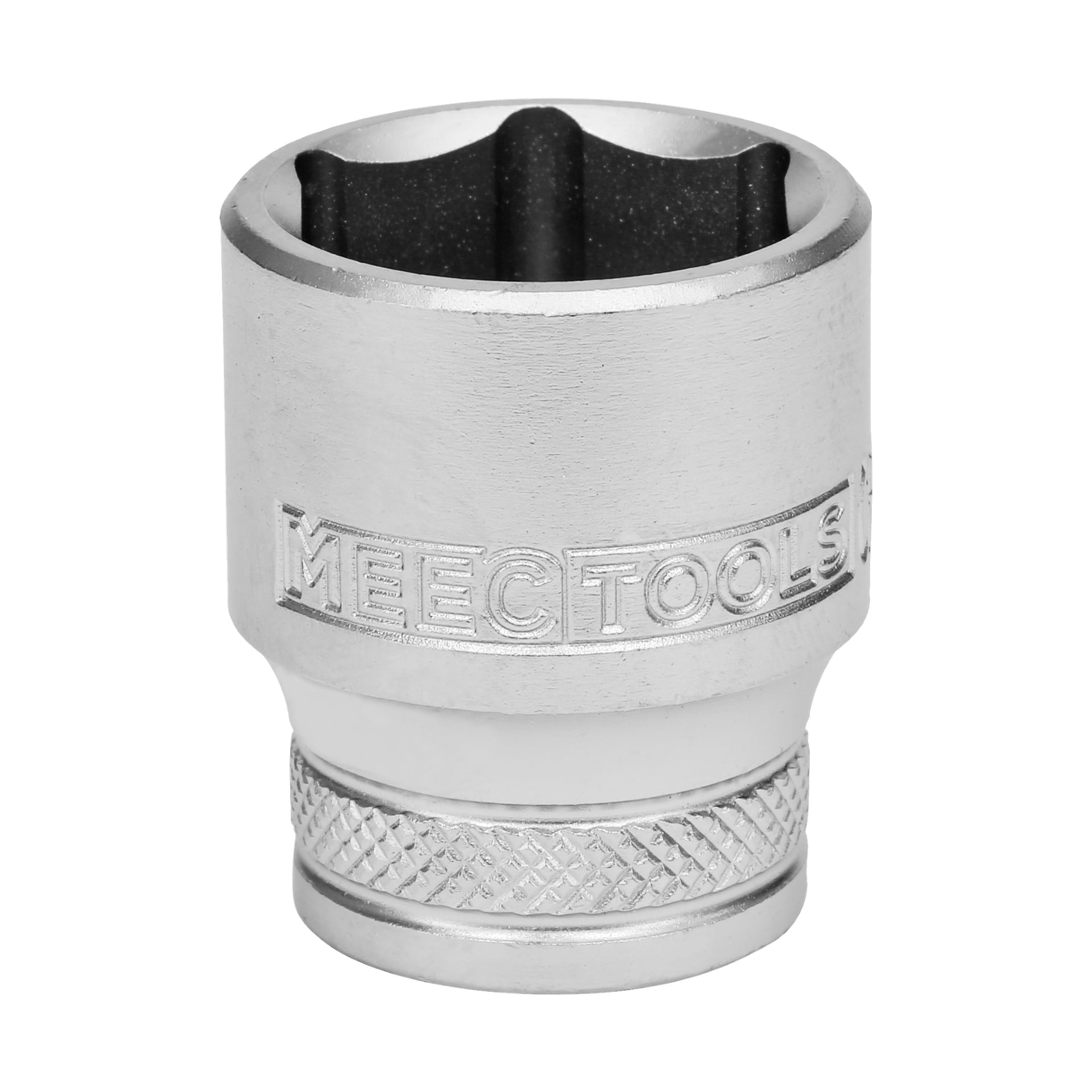En silverfärgad Meec Tools-hylsa från ett 13-delat set, med en sexkantig öppning och en texturerad kant vid basen för bättre grepp. Sidan visar Meec Tools märkesgravyr.