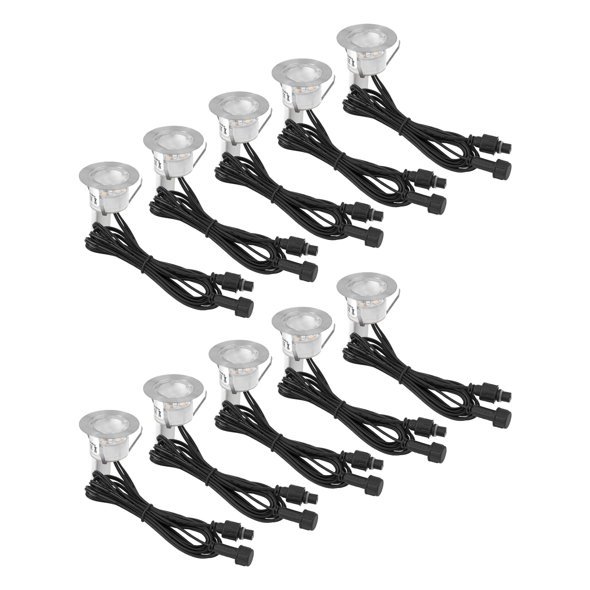 Tio Anslut Decklights LED från 10-packet, med svarta kablar och kontakter, är prydligt arrangerade i två rader.