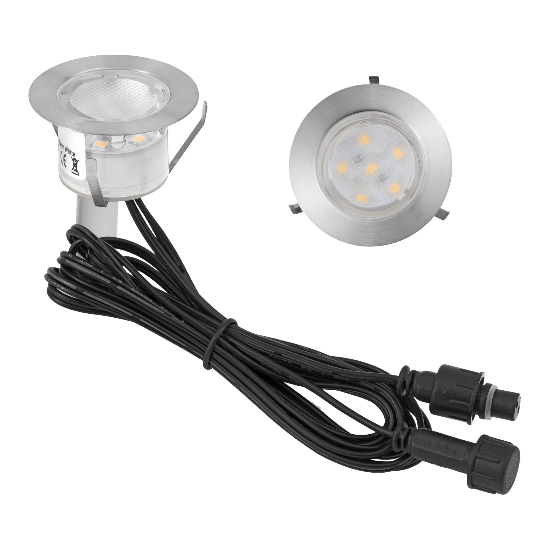 Anslut Decklights LED 10-pack visar runda, infällda lampor med en borstad metalllook, sedda både uppifrån och från sidan. Varje lampa är kopplad till en svart kabel som slutar i två kontakter, och varje armatur visar sex synliga LED-lampor inuti.