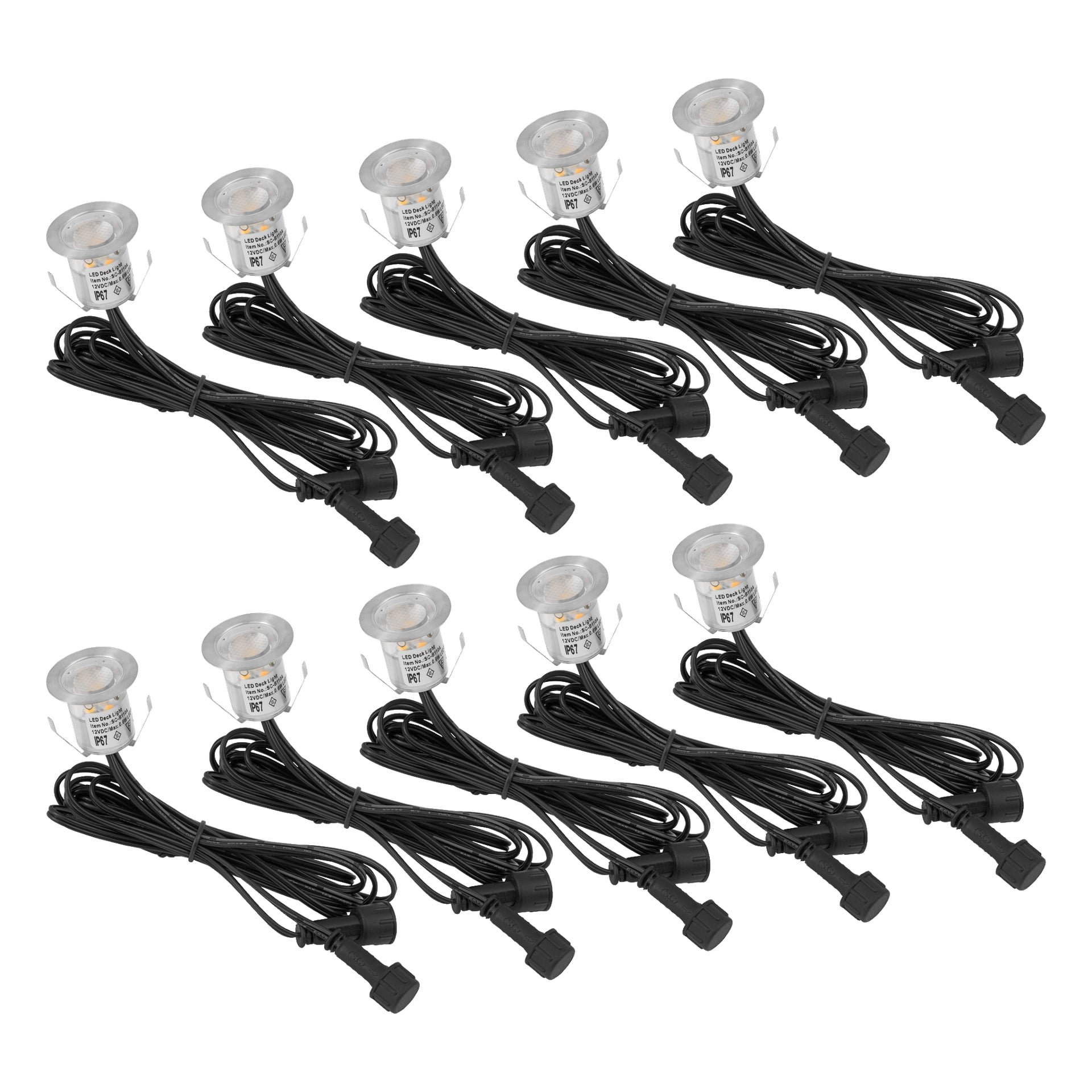 Tio silverfärgade LED-pucklampor från Anslut Decklights LED 10-pack visas i två rader. Varje lampa har en lång svart kabel fäst, som visar synliga ledningar och en kontakt i slutet av sladden.