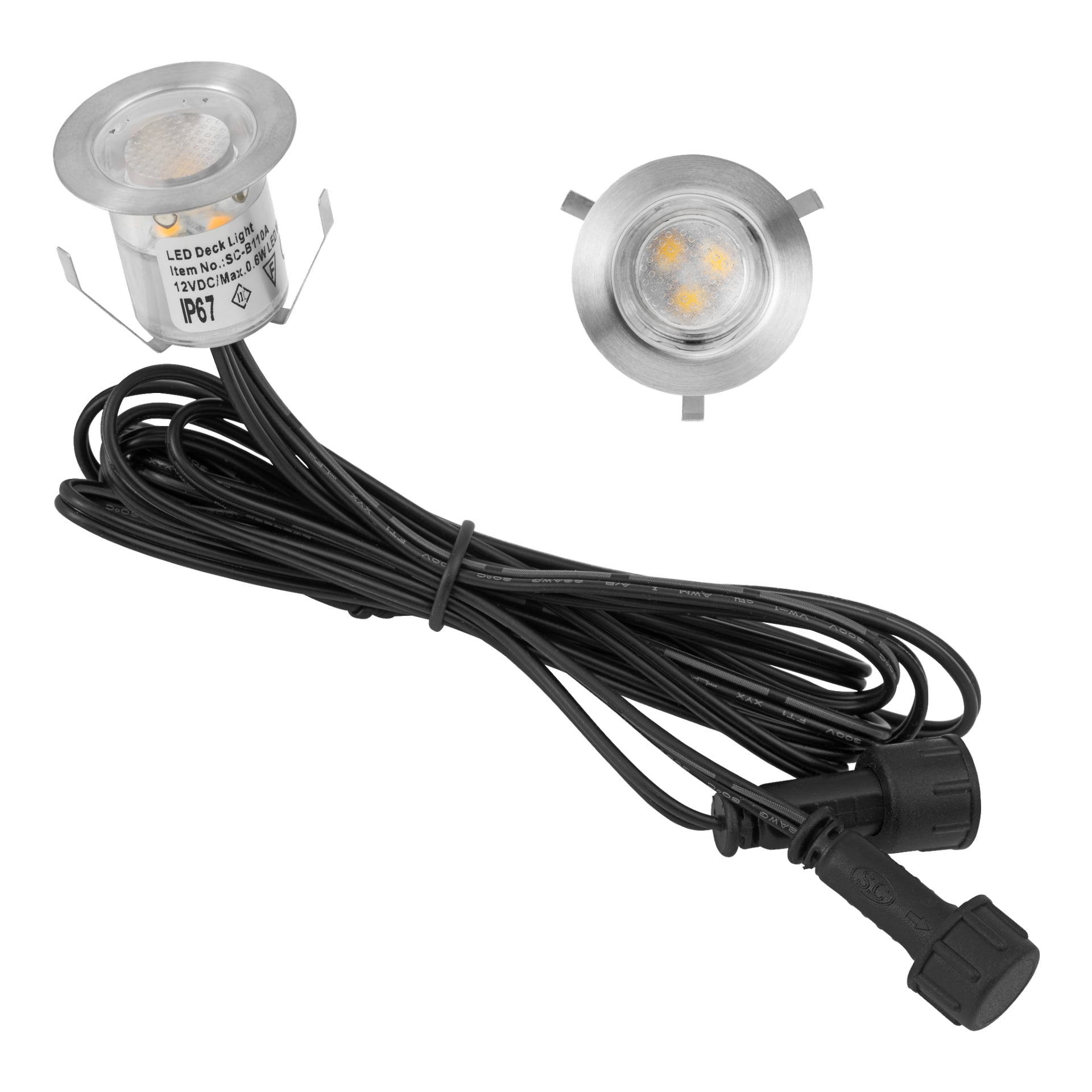 Anslut Decklights LED 10-pack inkluderar cirkulära, infällda LED-lampor med metallfälgar som är förbundna med en lång svart kabel med kontakt. En ovanifrån vy markerar toppen av en enda lampa och visar fyra synliga LED-dioder inuti.
