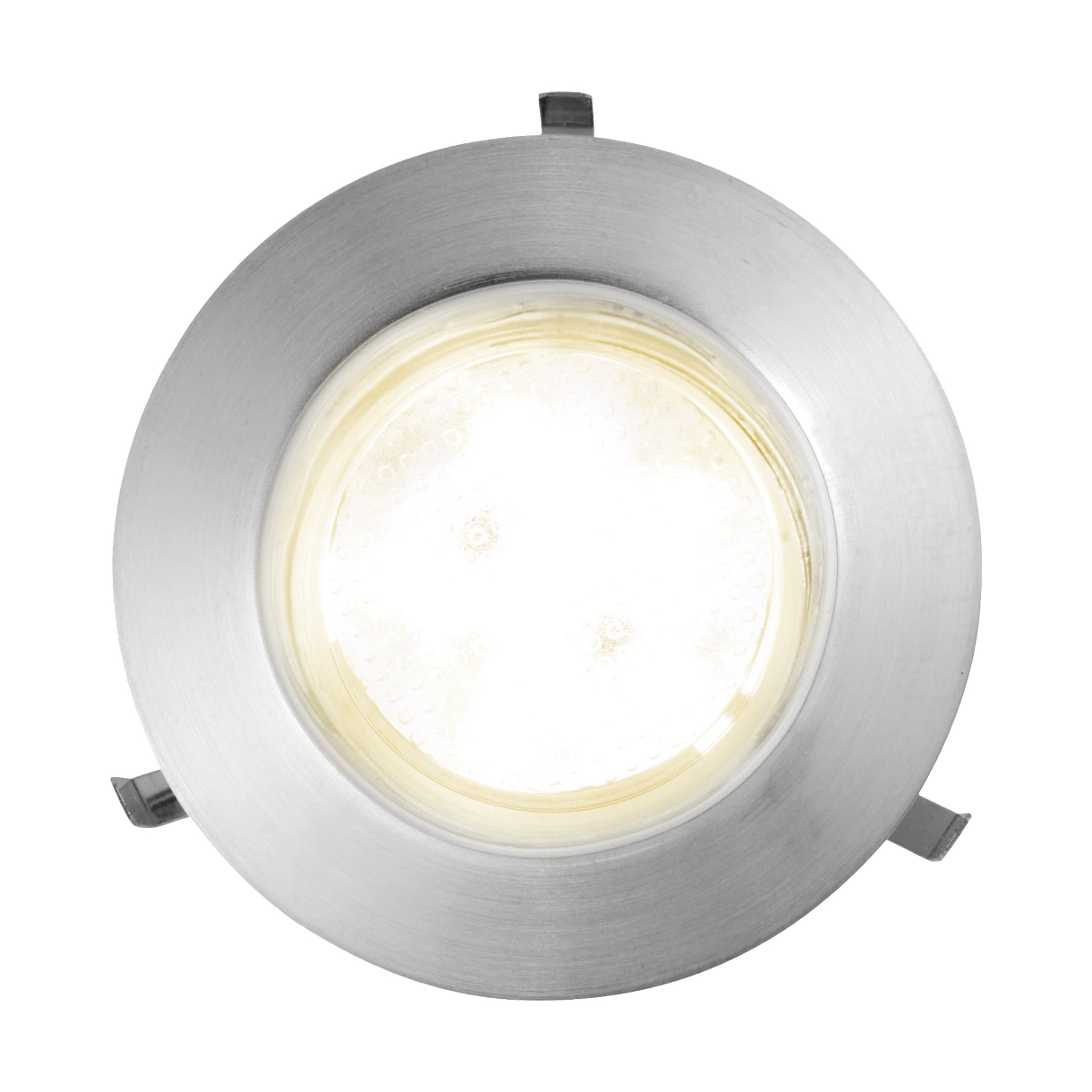 En Anslut Decklights LED-infälld taklampa från ett 10-pack med borstad metalllist, sedd underifrån. Ljuset är upplyst och kastar ett klart, enhetligt sken genom sin frostade diffusor.