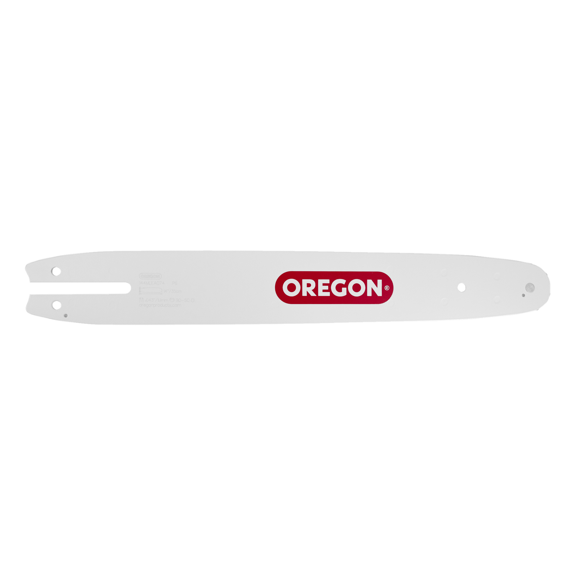 Biały listwę piły Oregon 144MLEA041 z czerwono-białym logo OREGON umieszczonym na środku, z kilkoma otworami i szczelinami przeznaczonymi do montażu i mocowania łańcucha.