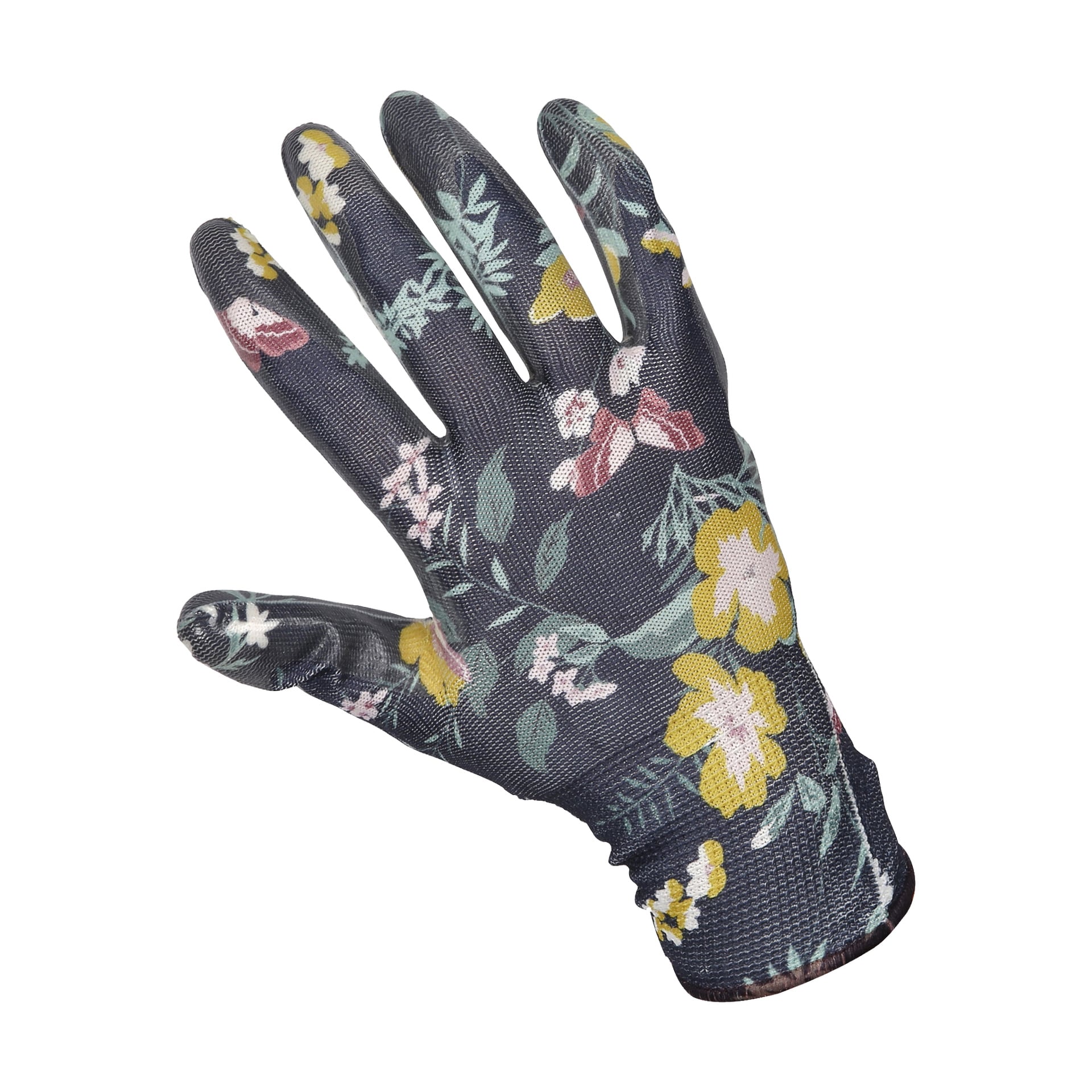 En enda Bluewear-trädgårdshandske från "Gardening gloves 2 pairs" visas med handflatan nedåt, med en mörk bakgrund framhävd av en livfull blomsterdesign med gula, rosa och vita blommor tillsammans med gröna blad.