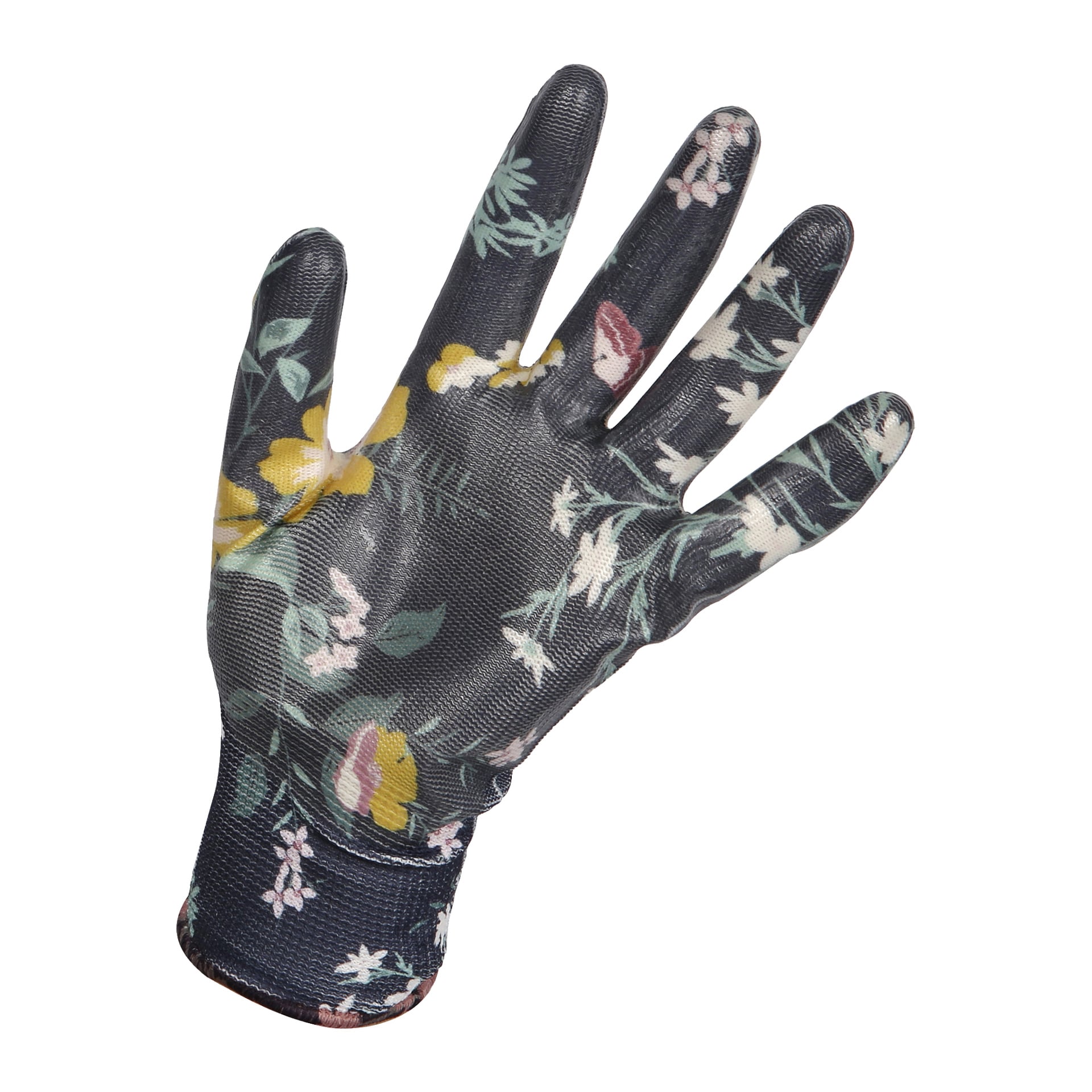 En enda Bluewear-trädgårdshandske från "Gardening gloves 2 pairs" med ett livfullt blommönster på mörk bas visas, handflatan utåt och fingrarna utsträckta.