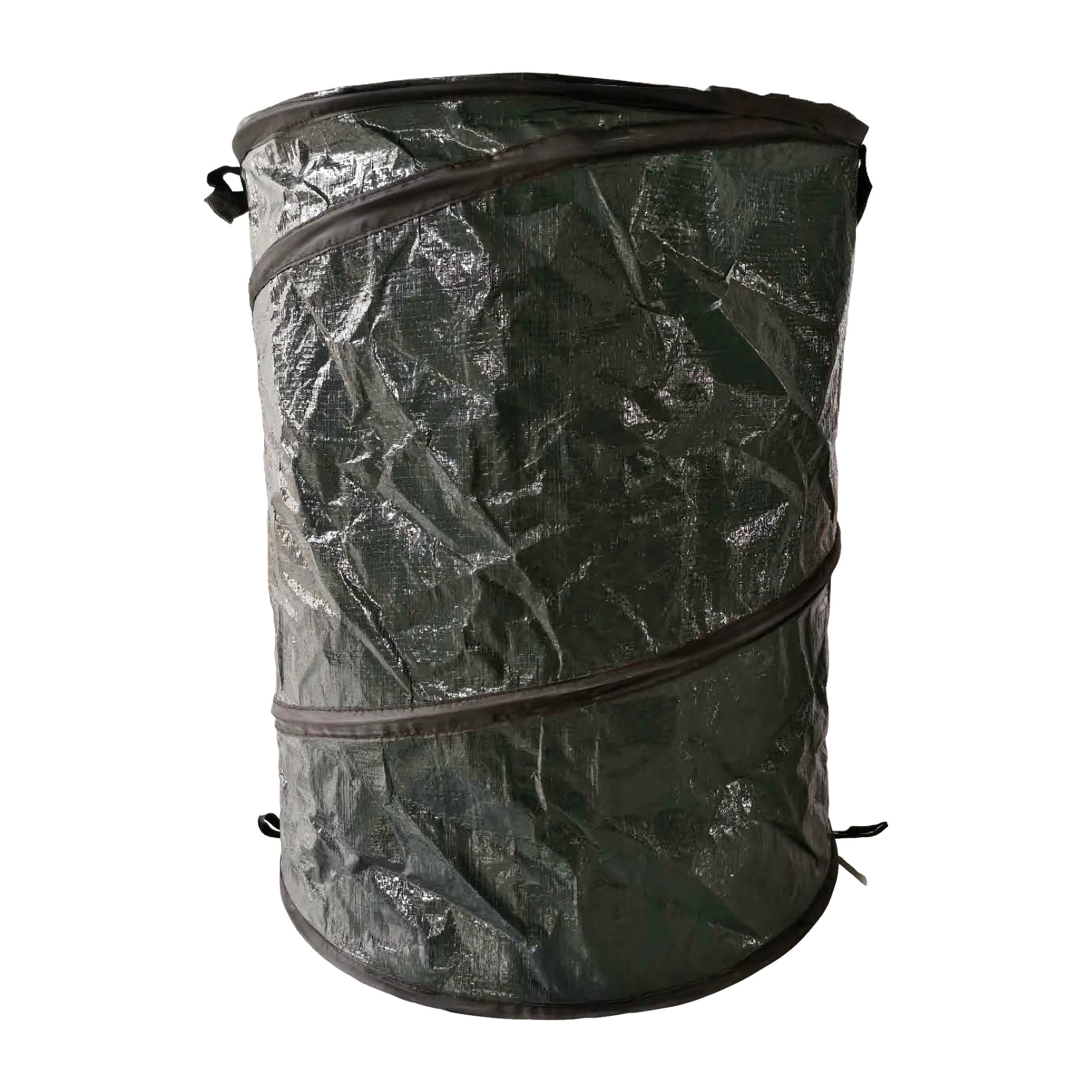 En grön Hard Head Leaf Bag, tillverkad av stadigt, skrynkligt material, står helt utfälld i en cylindrisk form med svart list och sidohandtag. Den hopfällbara väskan är tom.