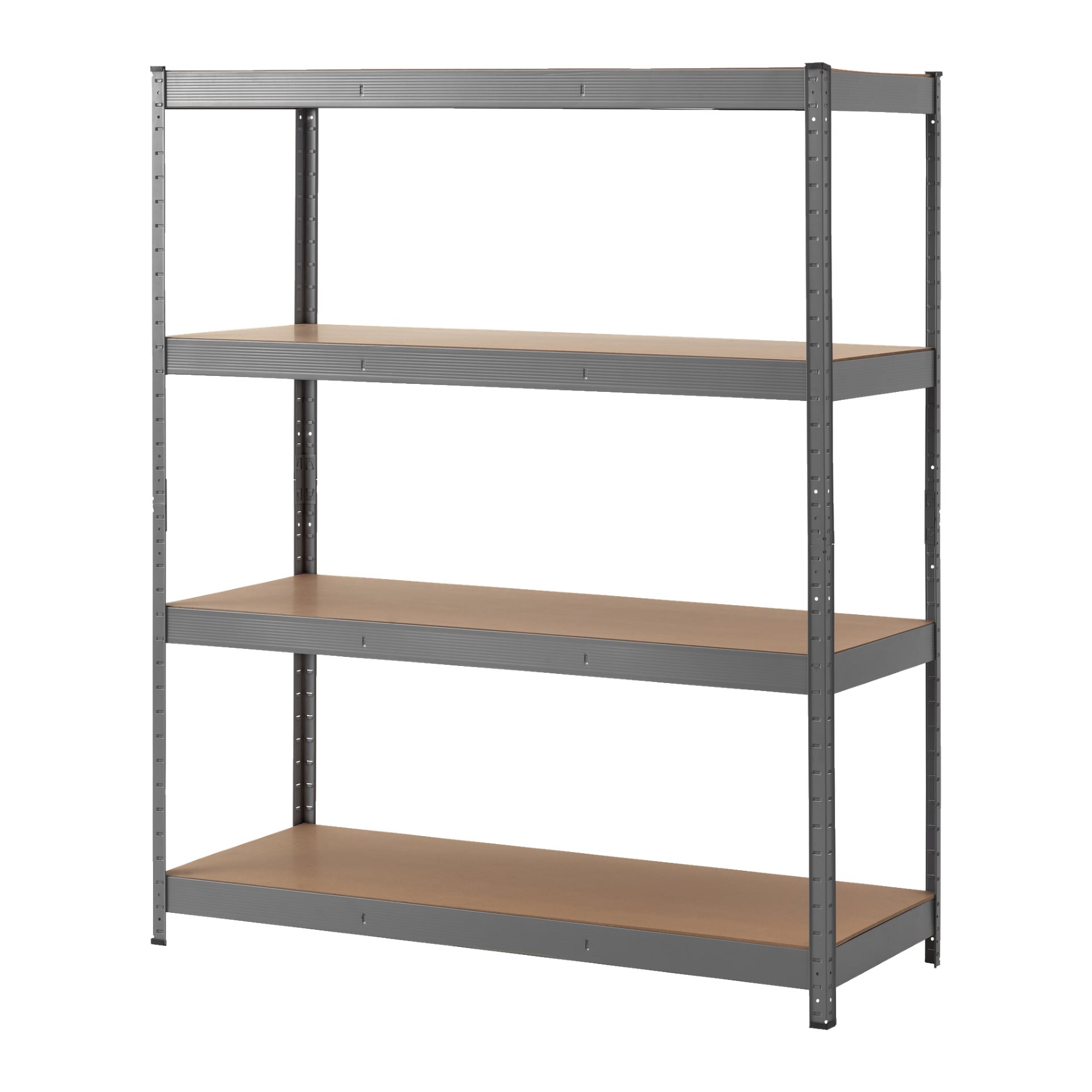 Hard Head Storage Rack består av fyra ljusbruna trähyllor som stöds av en hållbar grå metallram. Lämplig för att organisera föremål i garage, källare eller lager för effektiv förvaring.