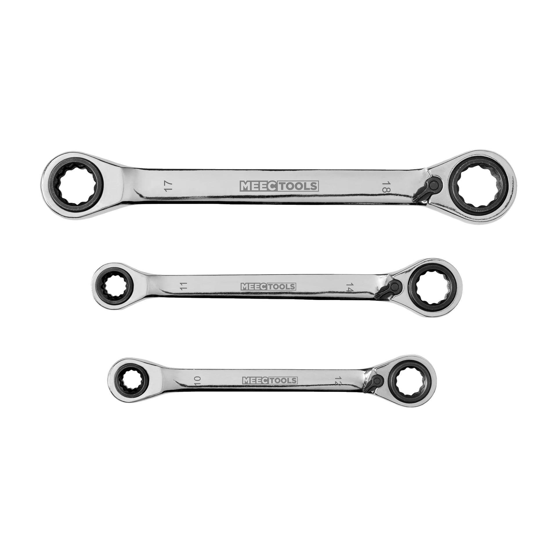 Tre spärrnyckelr från Meec Tools visas i fallande längdordning, var och en med varumärkesnamnet och sina respektive metriska storlekar (17/18 mm, 11/12 mm och 9/10 mm) tydligt markerade i mitten.