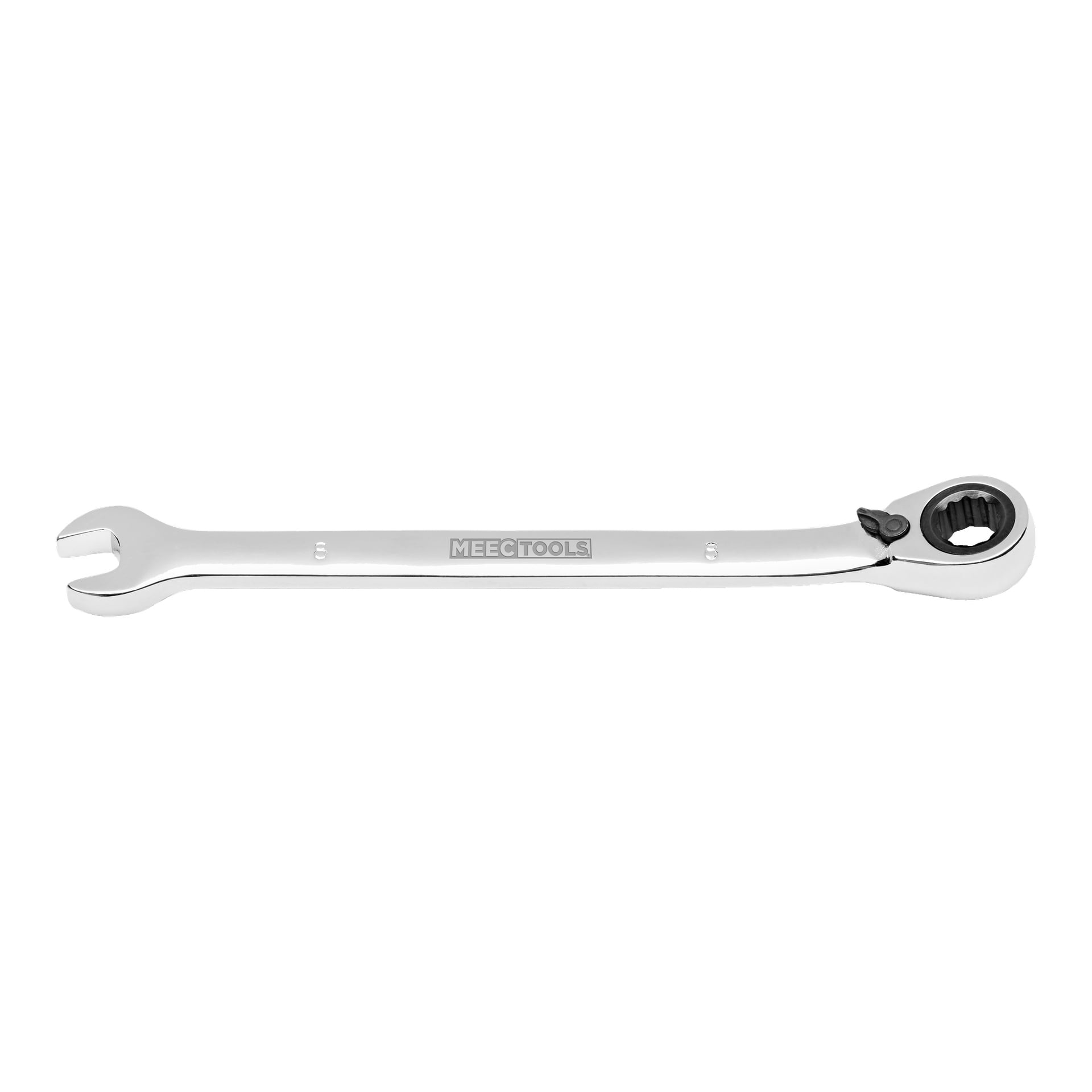 En silverfärgad kombinationsskiftnyckel med en öppen ände på vänster sida och en spärrknapp på höger sida, med Meec Tools-logotypen visad i mitten.