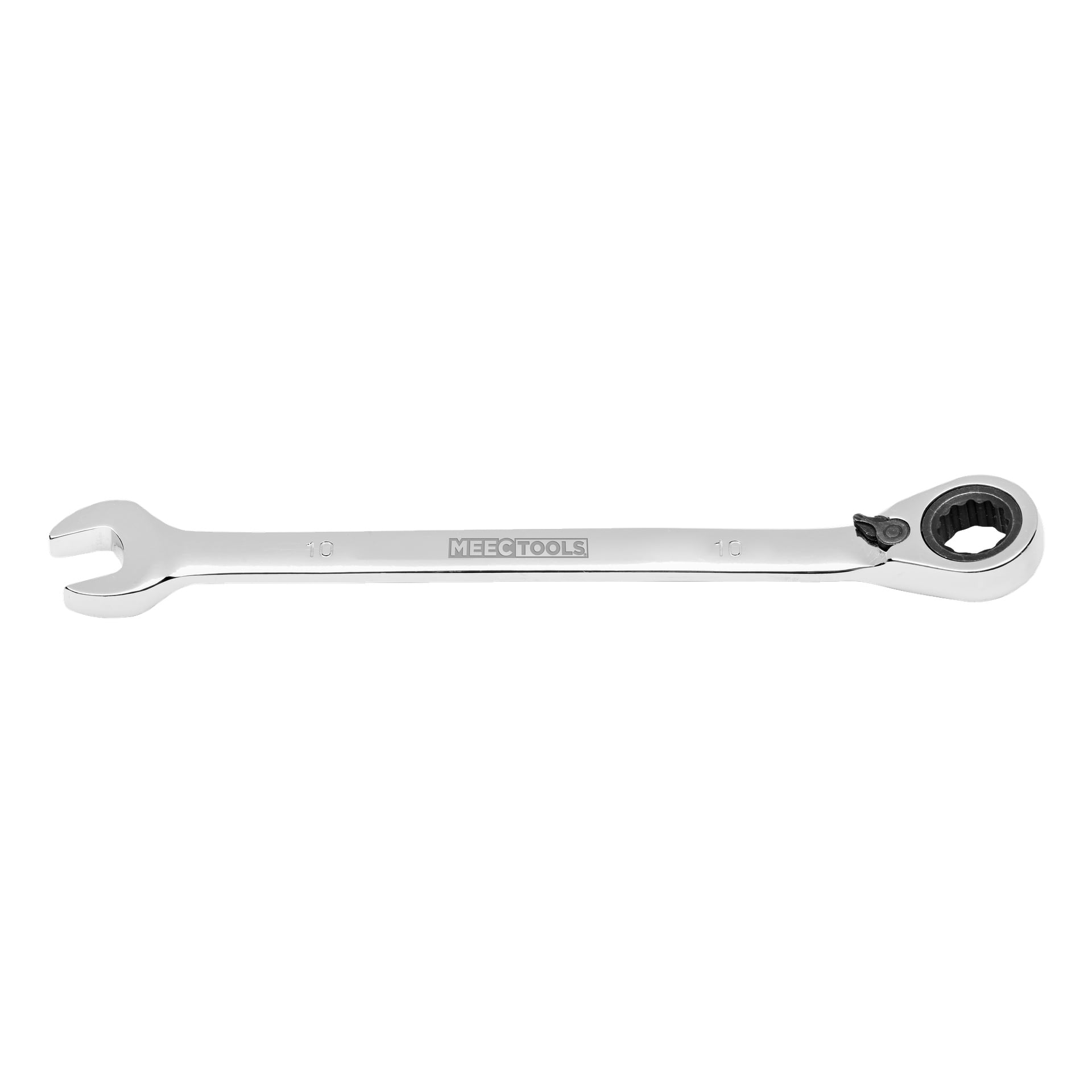 En Meec Tools kombinationsskiftnyckel med öppen ände till vänster och en spärrlåda till höger, båda ändarna märkta med siffran 10.