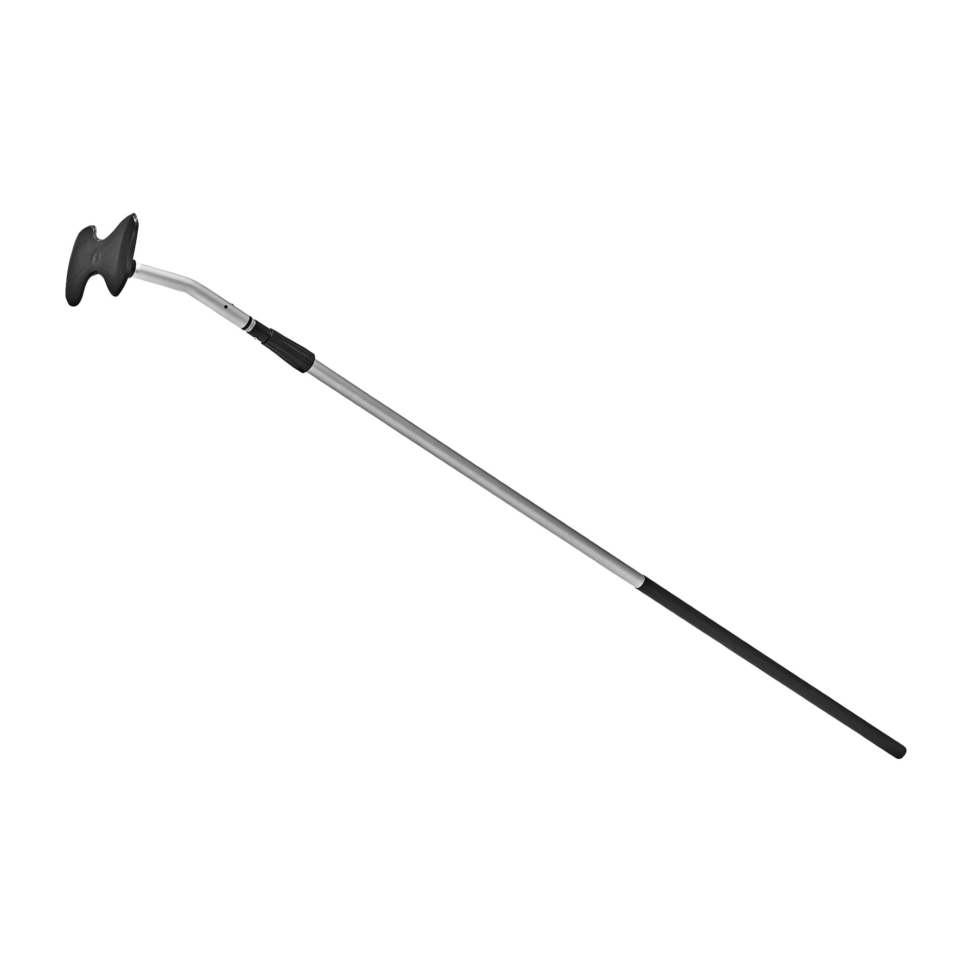 En lätt, silverfärgad takskrapa från Hard Head med svart ergonomiskt handtag och svart gummispets.