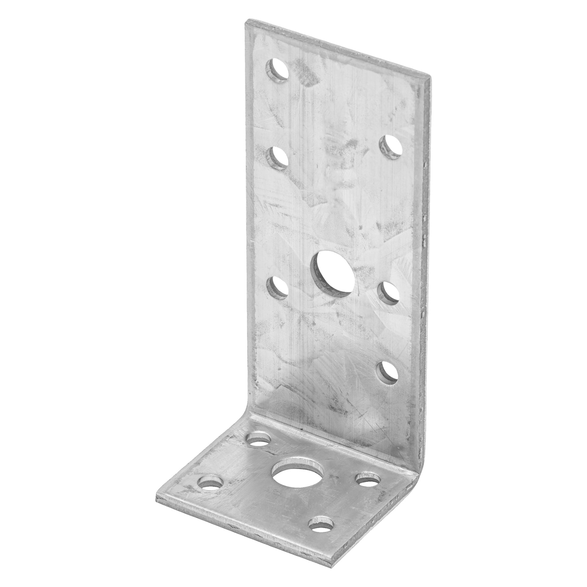 Ett metallformat fäste för hård huvudvinkel med flera cirkulära hål i olika storlekar arrangerade på båda armarna, avsett för att säkra eller förstärka kopplingar i 90-graders vinkel.