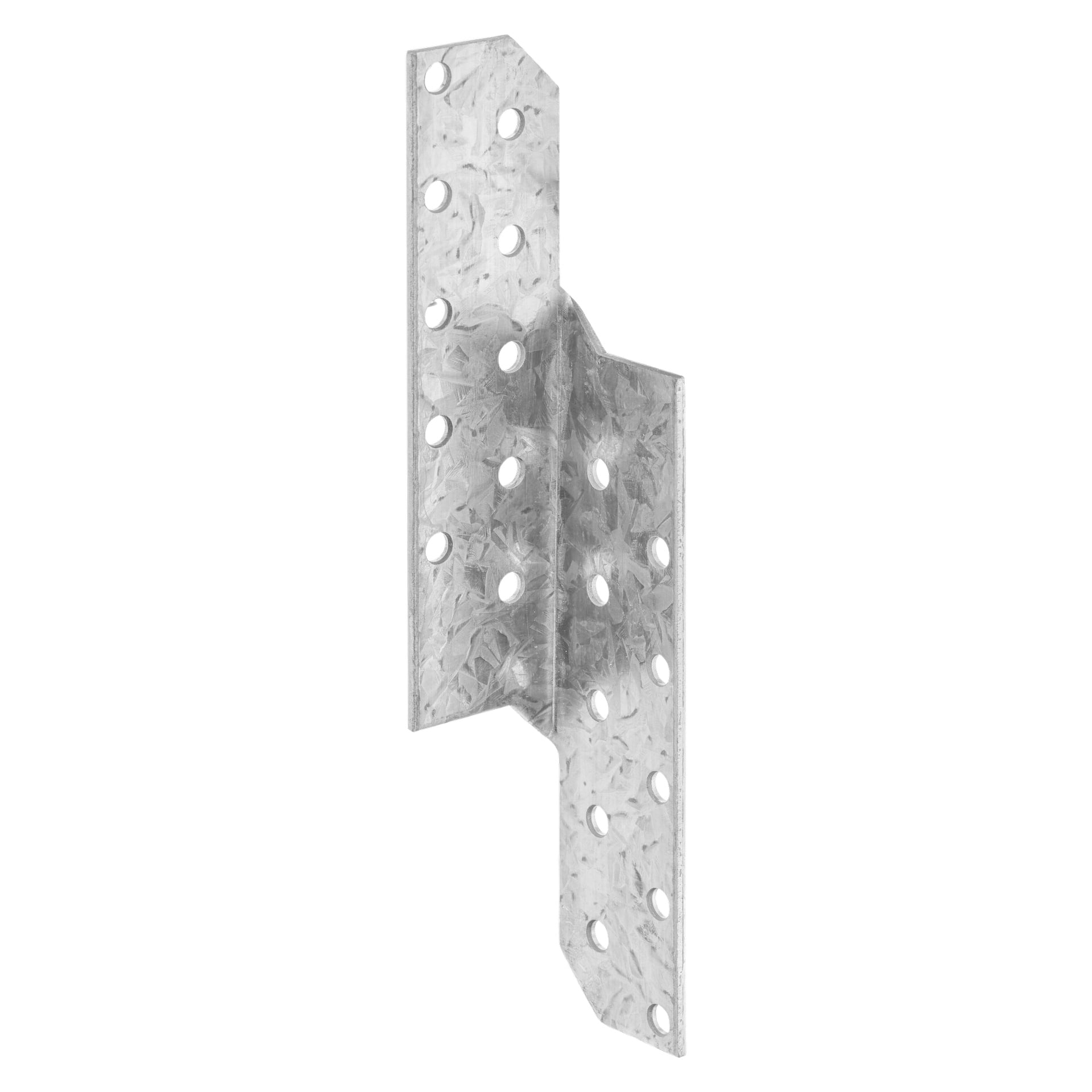En galvanisert metall Hard Head Ridge-brakett med flere hull og en tydelig skrå bøy, konstruert for solid støtte i byggeoppgaver som rammeverk eller sammenkobling av trebiter.