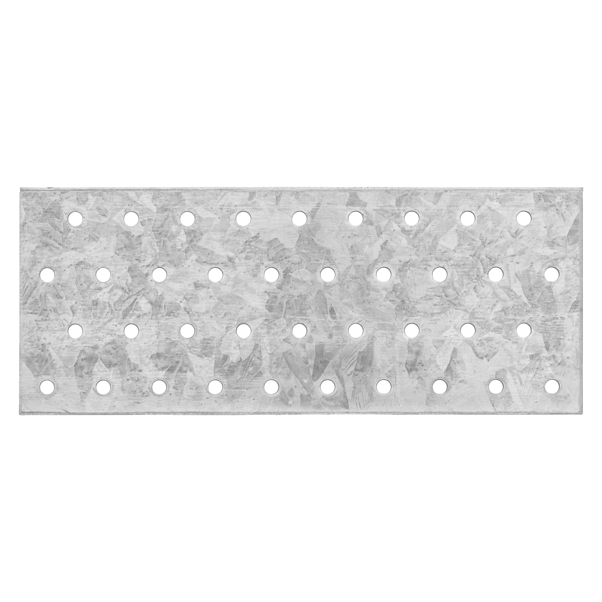 Hard Head Hole-platen er et rektangulært metallpanel med et blankt galvanisert belegg, som viser fem pene rader med jevnt fordelte runde hull over overflaten og et karakteristisk flekkete mønster typisk for galvanisert stål.