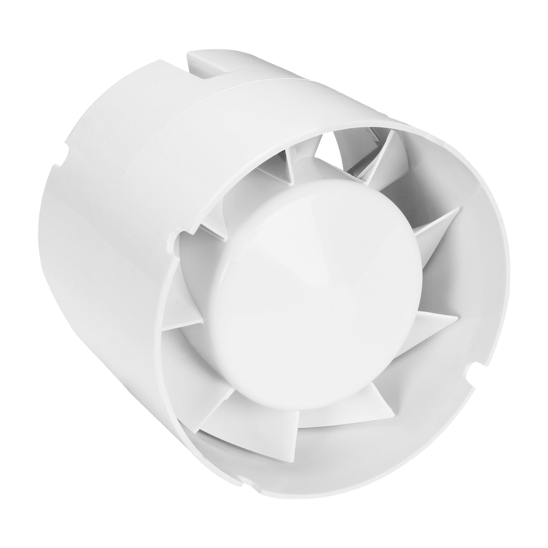 Anslut rörfläkt – en cylindrisk, vit inline-fläkt med lutande blad runt en central nav, avsedd för användning i ventilationssystem. Bilden fångar fläkten i en vinkel och avslöjar dess sidor och framsida.