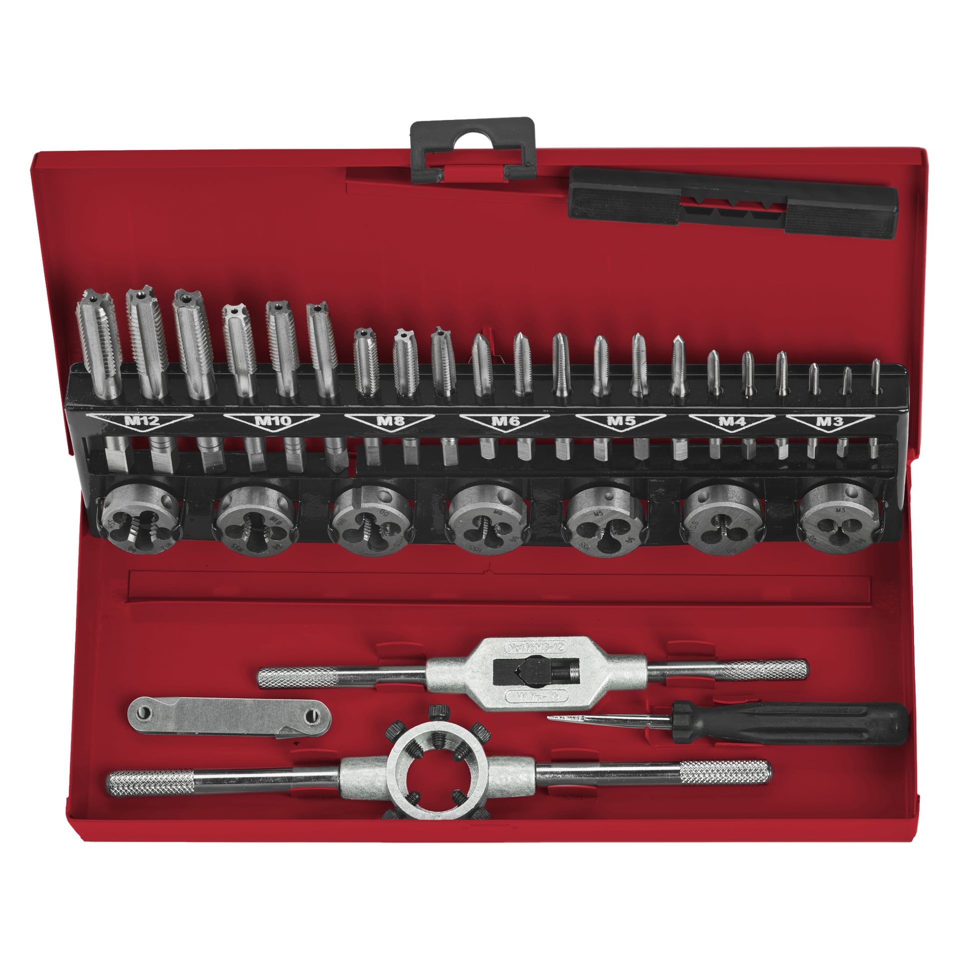 Ett 32-delat rött Meec Tools Threading Tool Kit med olika tappar, stansar, handtag och en skruvmejsel prydligt placerad i individuella fack.