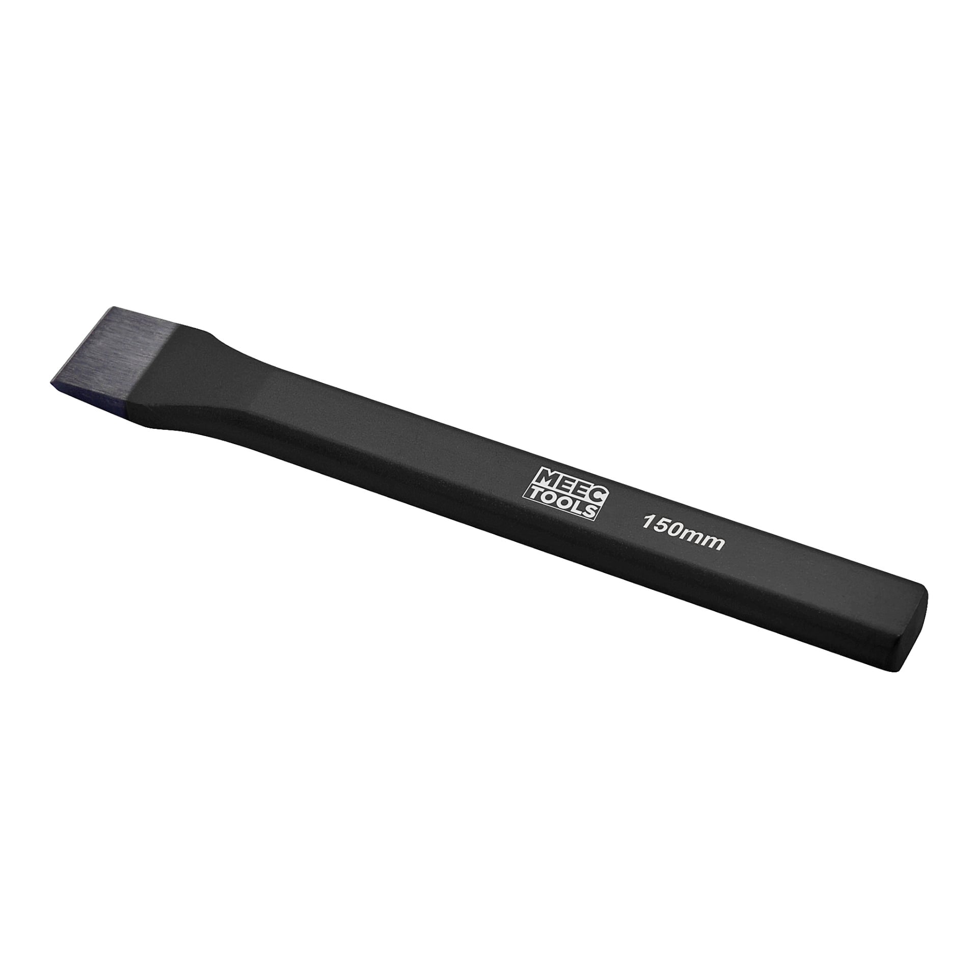 Pokazano 150mm czarne metalowe dłuto na zimno od Meec Tools z solidnym prostokątnym trzonem i płaskim, fazowanym cięciem na prostym, lekkim tle.