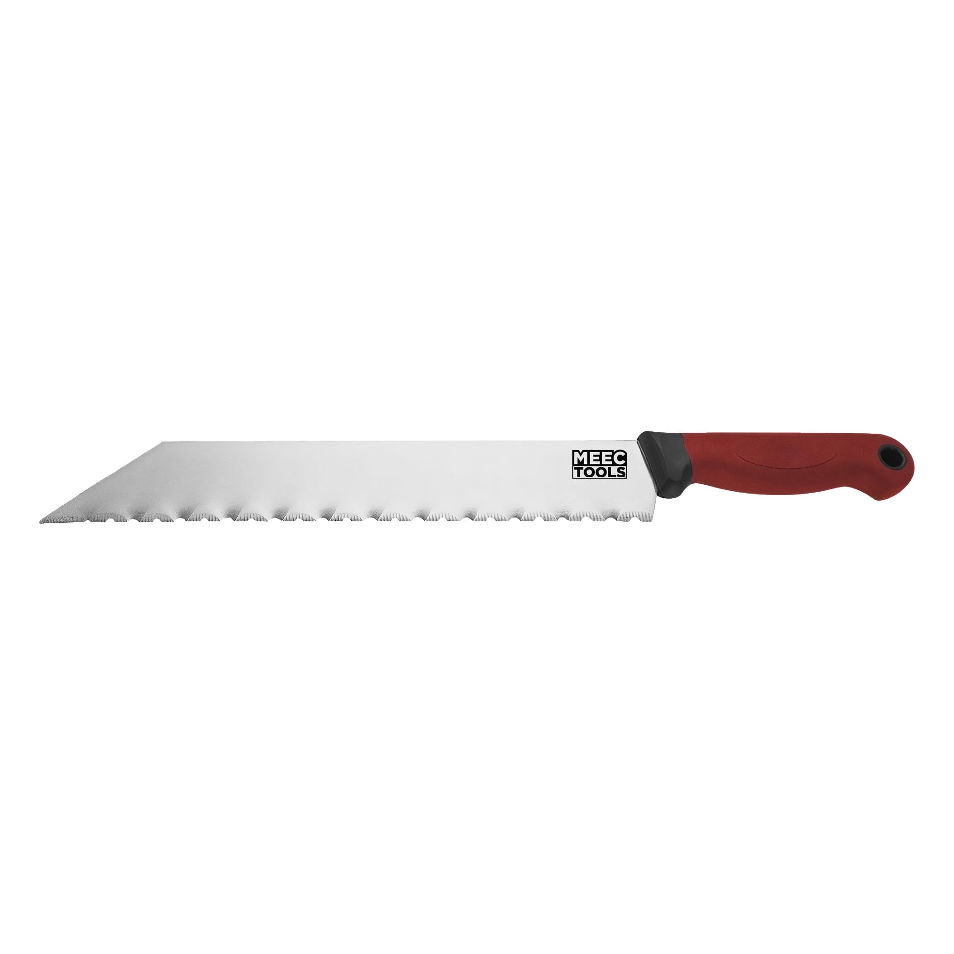 En Meec Tools mineralullskniv med ett brett, tandat rostfritt stålblad och ett handtag i rött och svart.
