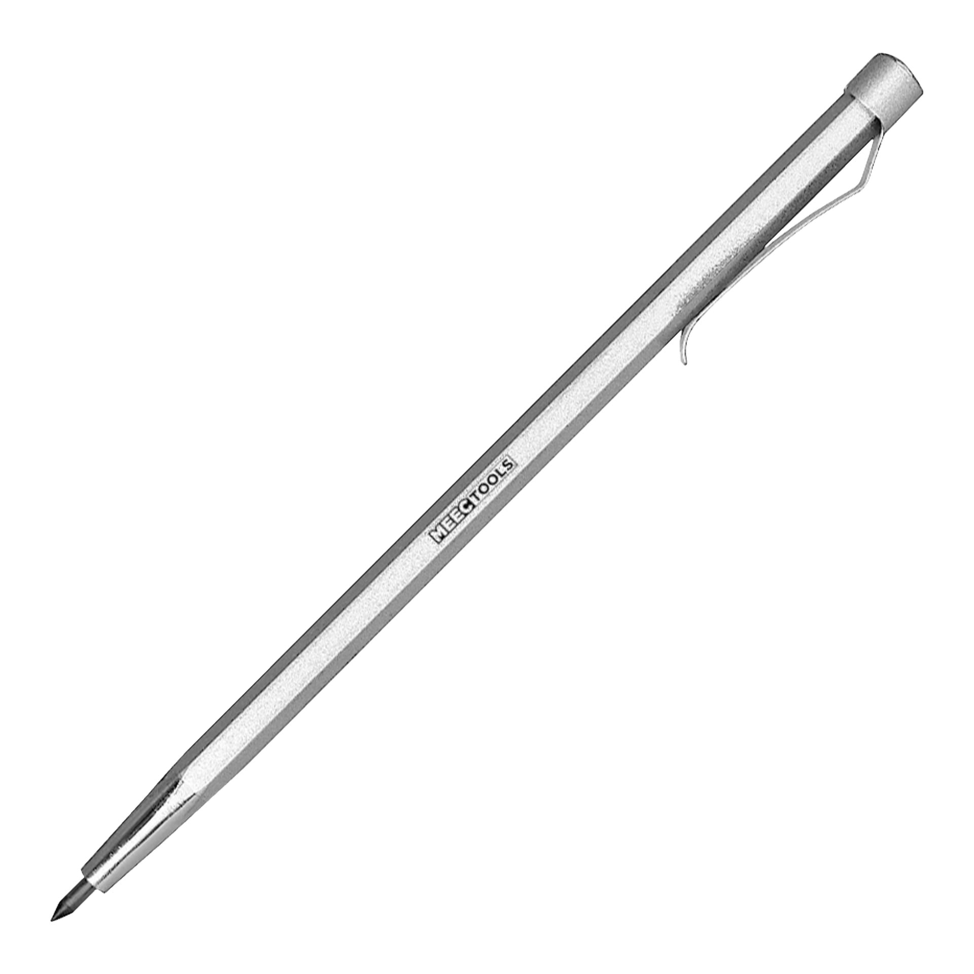Srebrny metalowy skrzybel z klipsem, oznaczony Meec Tools, jest ustawiony ukośnie, a jego końcówka skierowana jest w lewy dolny róg.