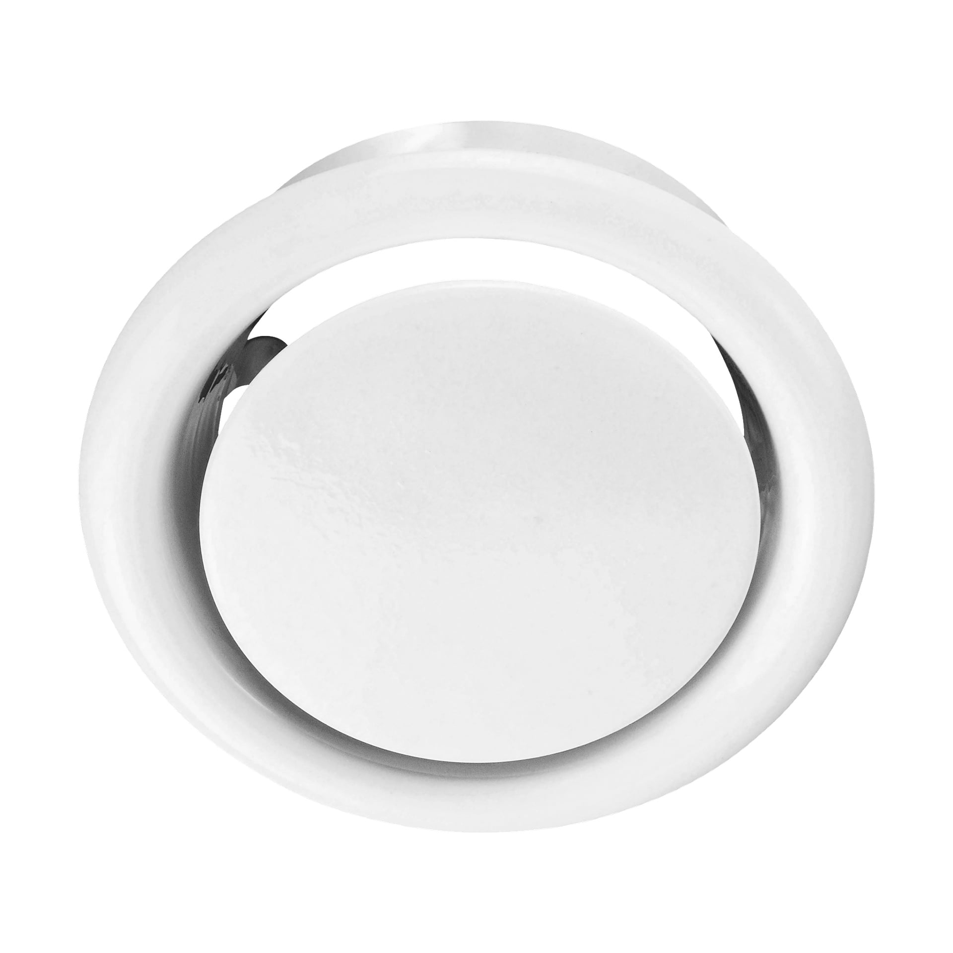 En närbild av Anslut Exhaust luftventil visar dess runda, cirkulära form och släta vita finish uppifrån.
